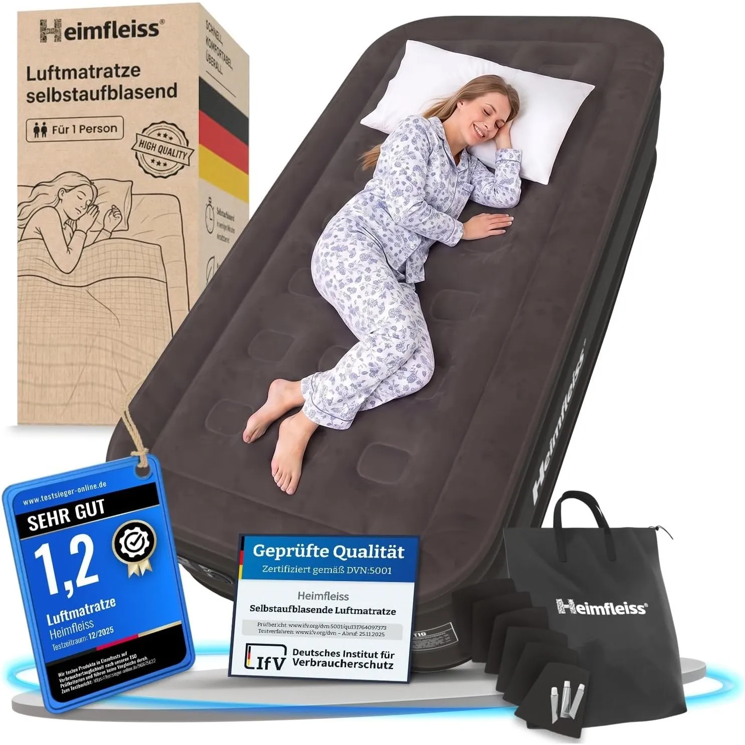 Heimfleiss® Luftmatratze selbstaufblasend 100x200 cm Luftbett 1 Person