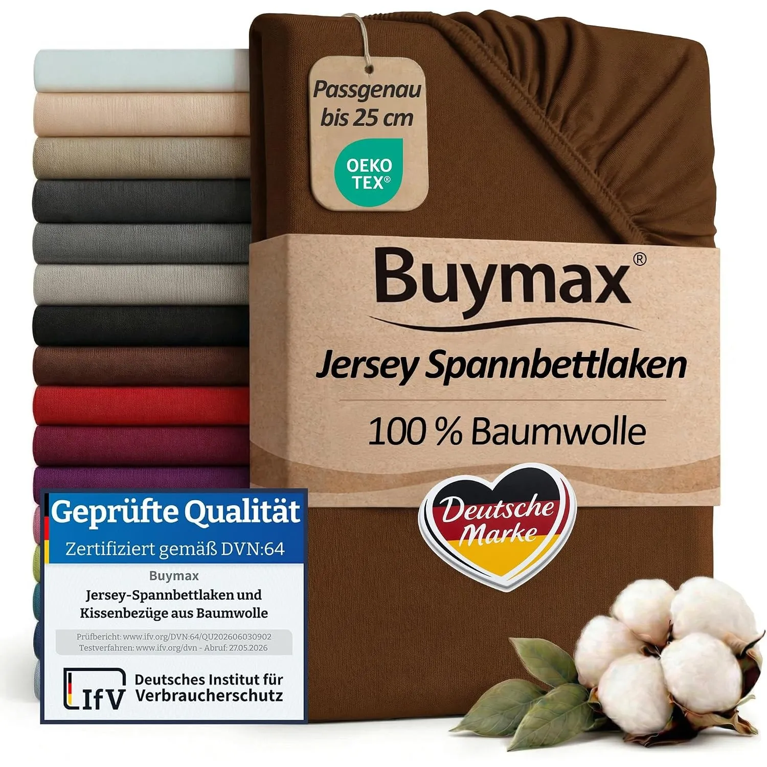 Buymax Spannbettlaken 140x200cm Baumwolle 100% Spannbetttuch Bettlaken Jersey, Matratzenhöhe bis 25 cm, Farbe Schokobra…