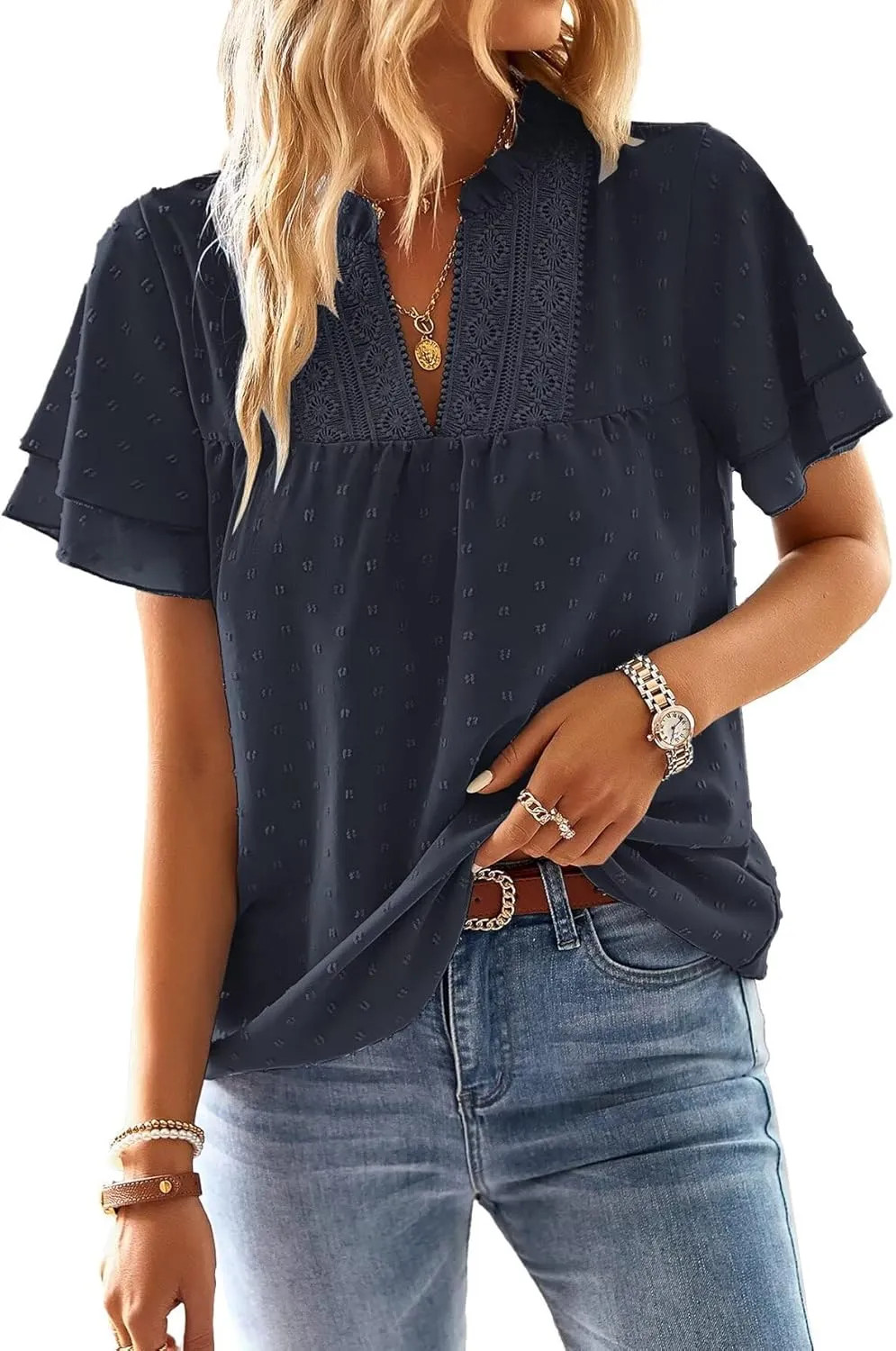 Top Women's Summer Boho Blouse Short Sleeve Tops Flowing Elegant V-Neck T-Shirt Casual Outfits Lace Clothing