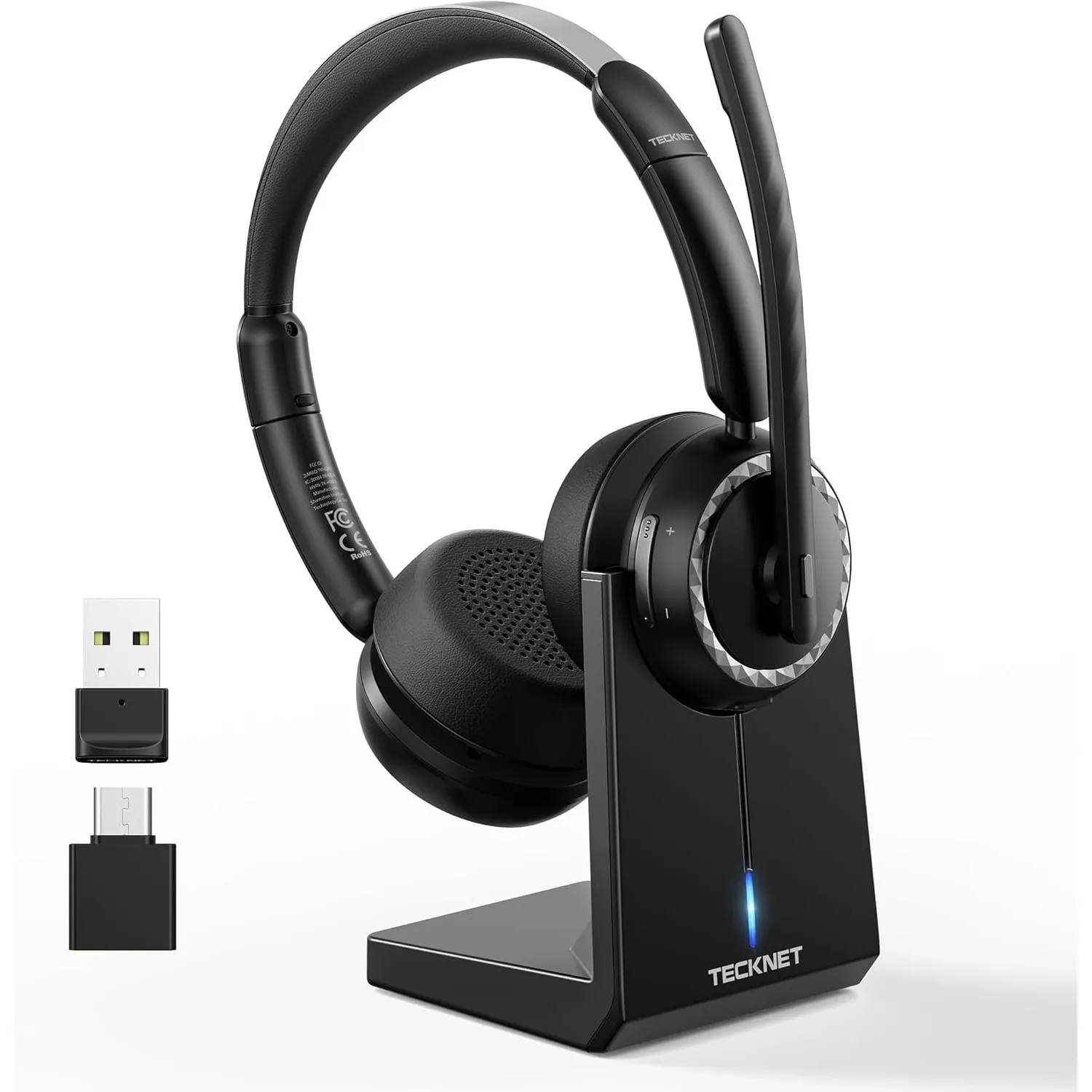 TECKNET V5.3 Bluetooth Headset mit Mikrofon, Wireless Headset mit AI Noise Cancelling Mikrofon, Ladestation, USB-Dongle…