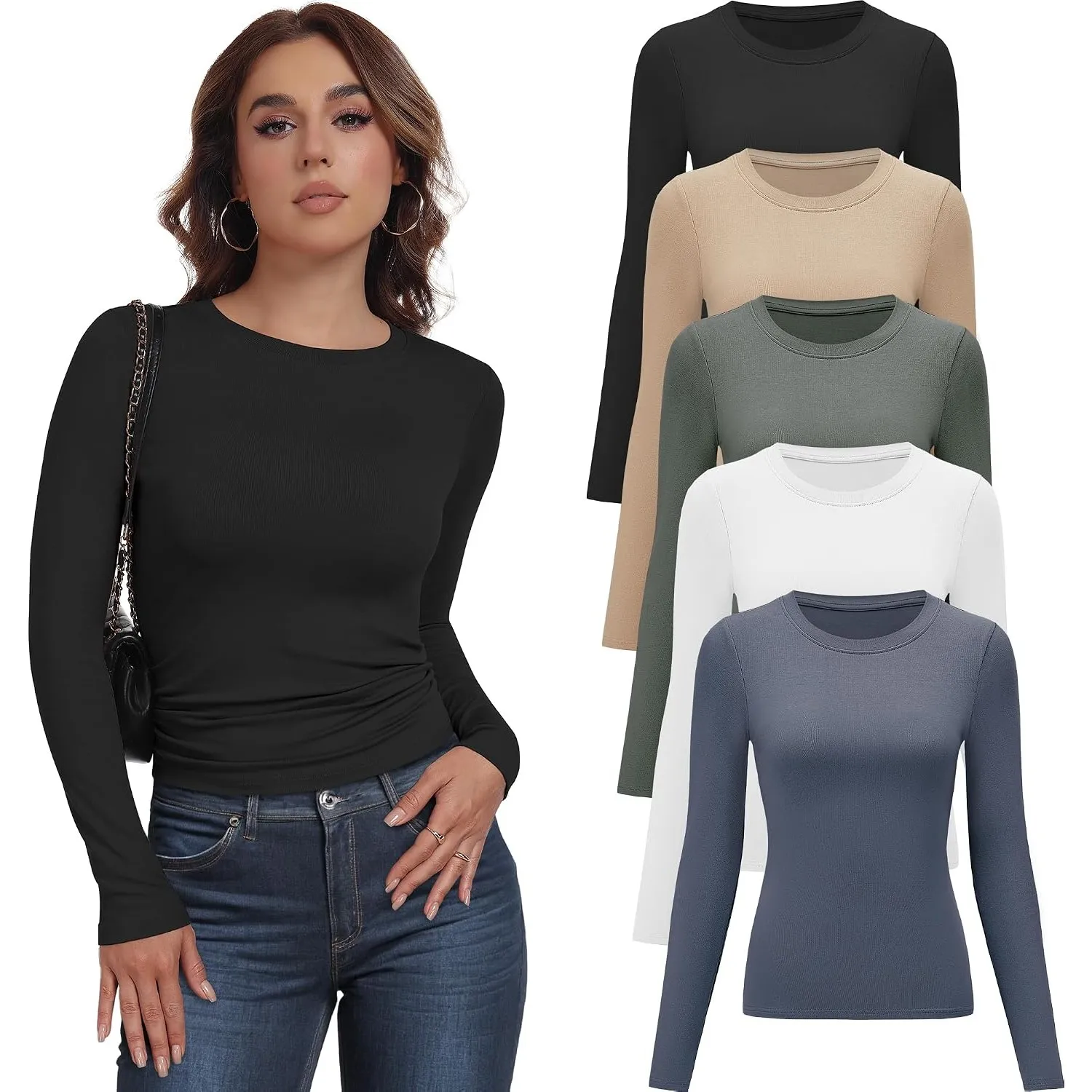 Langarmshirt Damen Basic-Shirts Figurbetont Rundhals Tees 5Pcs