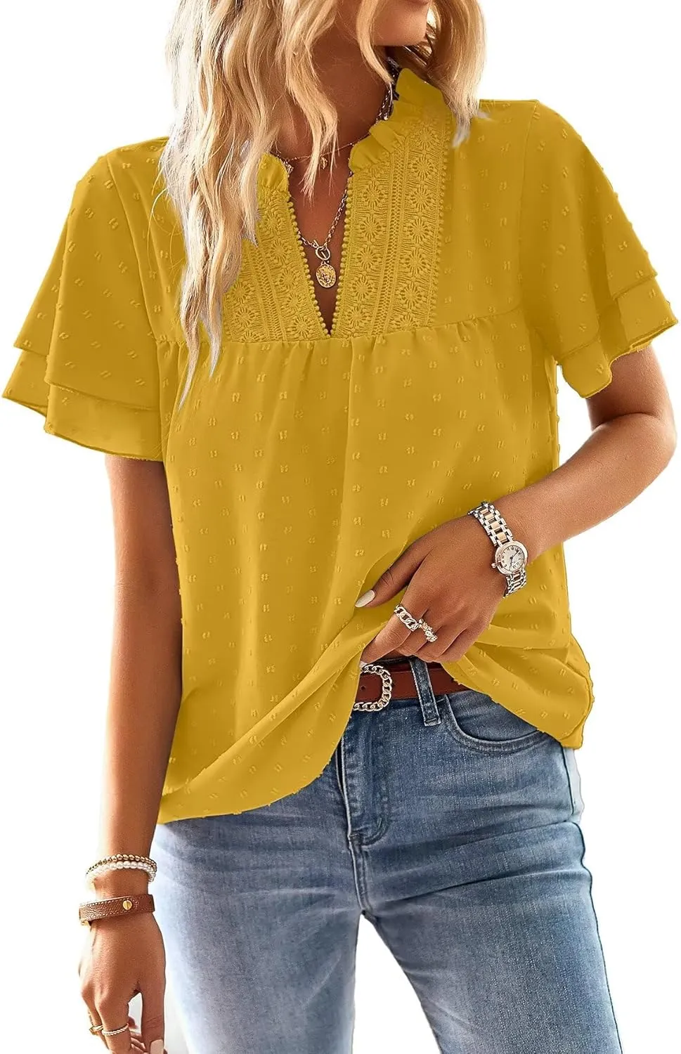 Top Women's Summer Boho Blouse Short Sleeve Tops Flowing Elegant V-Neck T-Shirt Casual Outfits Lace Clothing