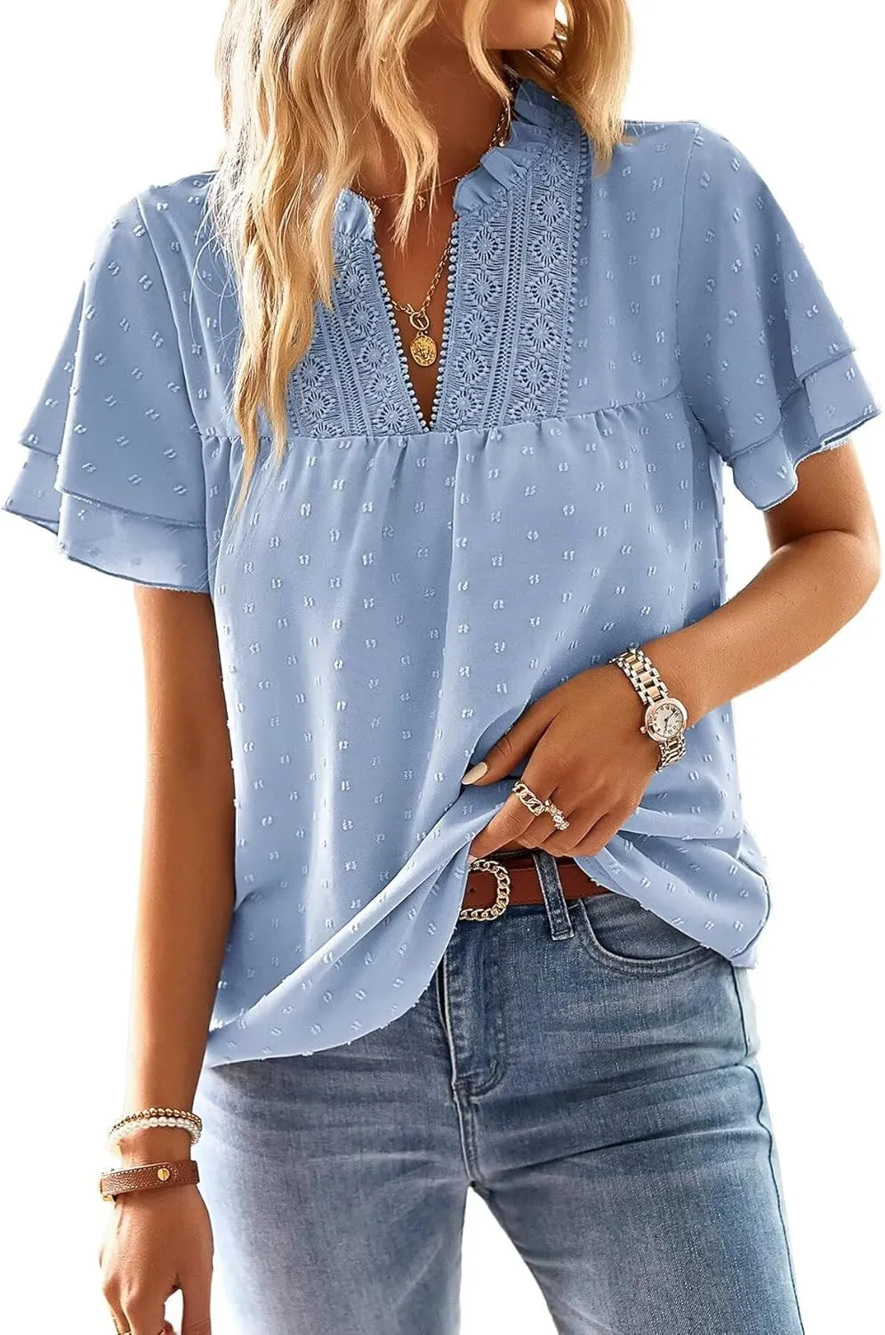 Top Women's Summer Boho Blouse Short Sleeve Tops Flowing Elegant V-Neck T-Shirt Casual Outfits Lace Clothing