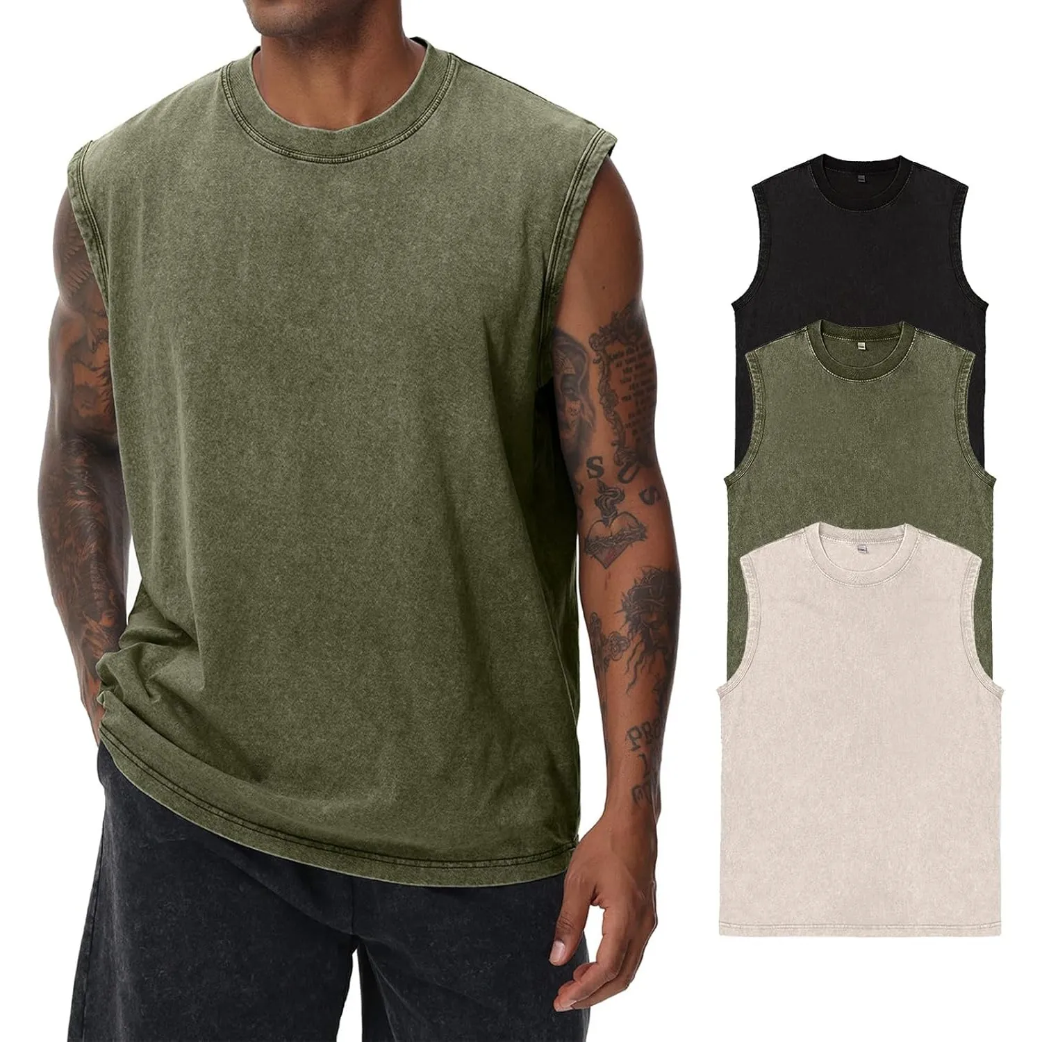 Herren Kurzarm Sommer Ärmelloses Shirt, Männer Fitness ärmellos Weste, Washed Sleeveless t-Shirt, Workout, Fitnessstudi…