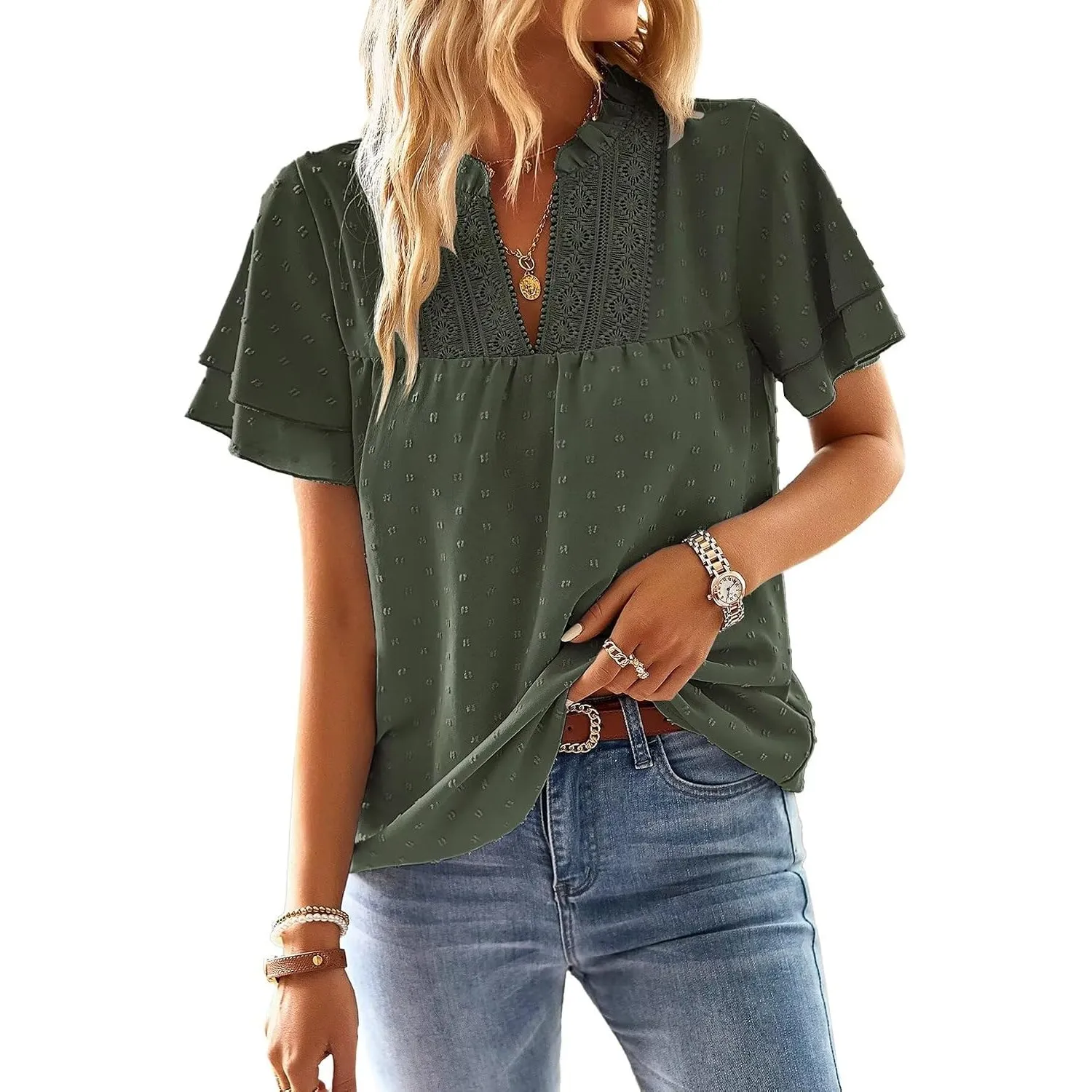 Top Damen Sommer Boho Bluse Kurzarm Oberteile Elegant V-Ausschnitt | Spitze Fließend T Shirt, Volant Paspel Süß Tunika,…