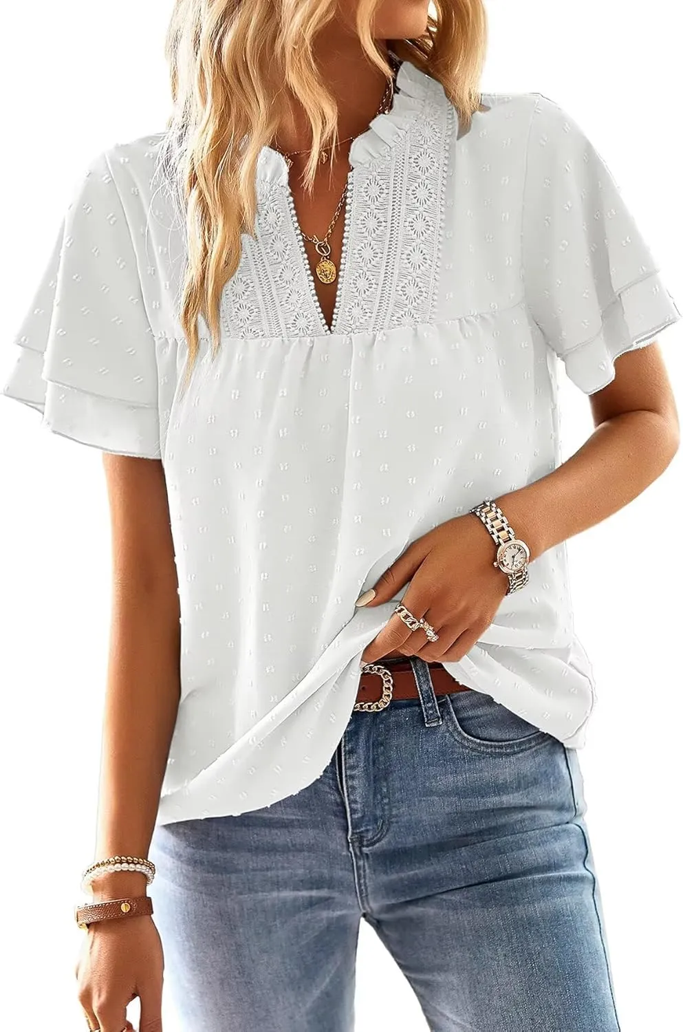 Top Women's Summer Boho Blouse Short Sleeve Tops Flowing Elegant V-Neck T-Shirt Casual Outfits Lace Clothing