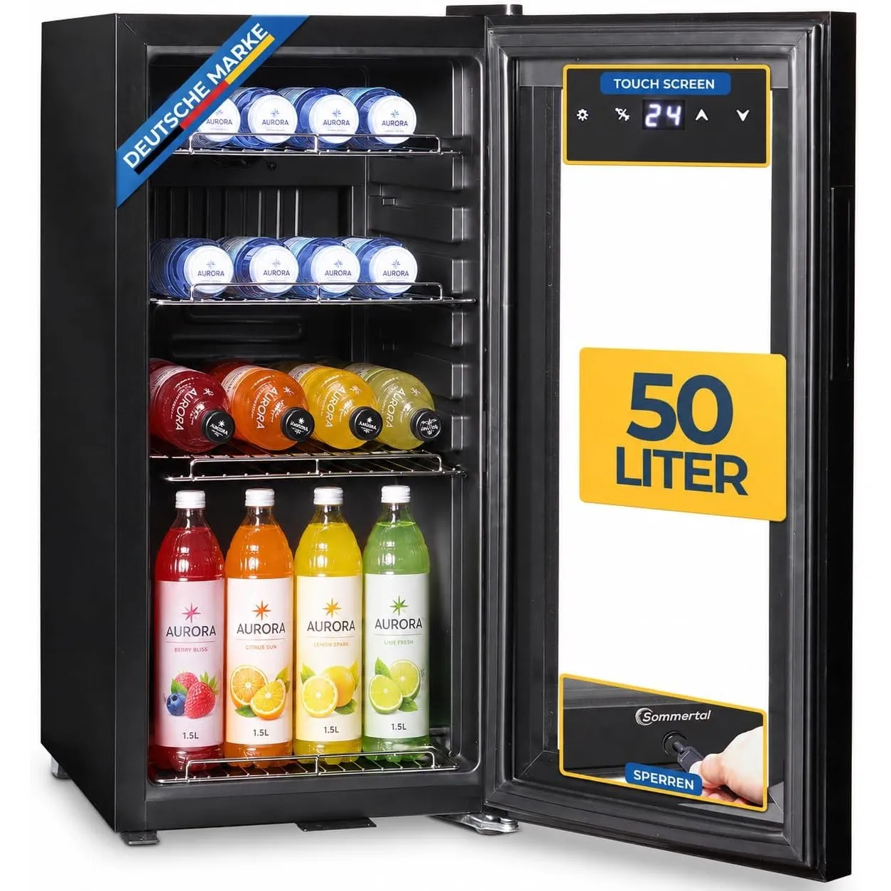 Sommertal Getränkekühlschrank 50L | Glastür, Touch, LED, abschließbar | Mini Kühlschrank Schwarz, leiser Flaschenkühlsc…