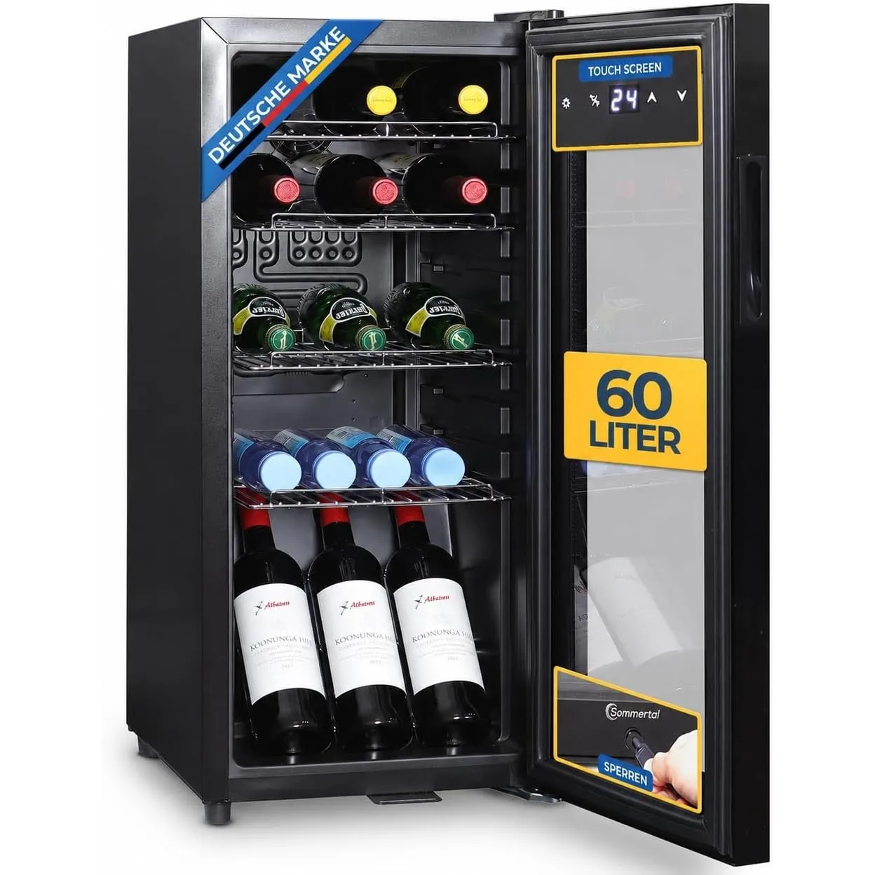 Sommertal Getränkekühlschrank 60L | Glastür, Touch, LED, abschließbar | Mini Kühlschrank Schwarz, leiser Flaschenkühlsc…