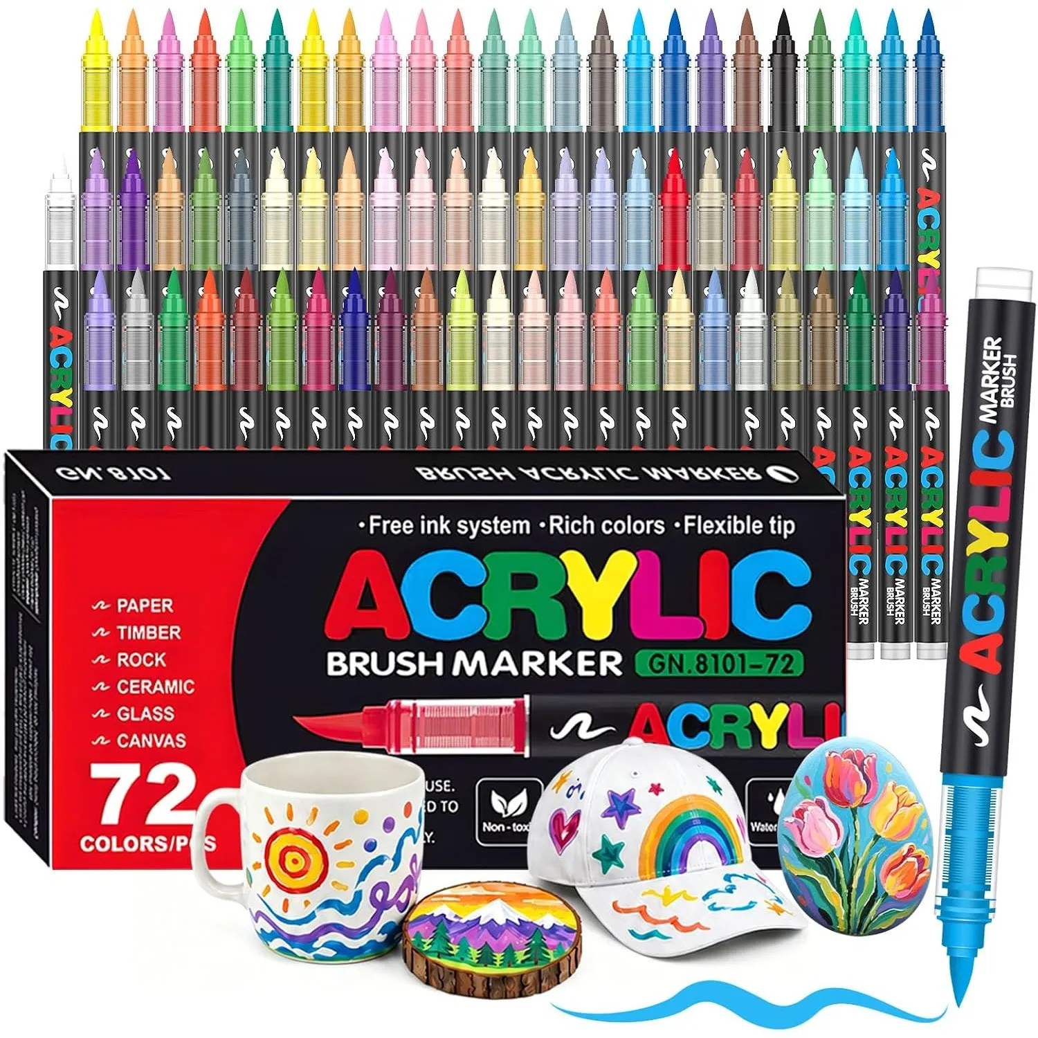 Melifluo 72 Acrylstifte Wasserfest – Acrylmarker mit Pinselspitze 1–6 mm