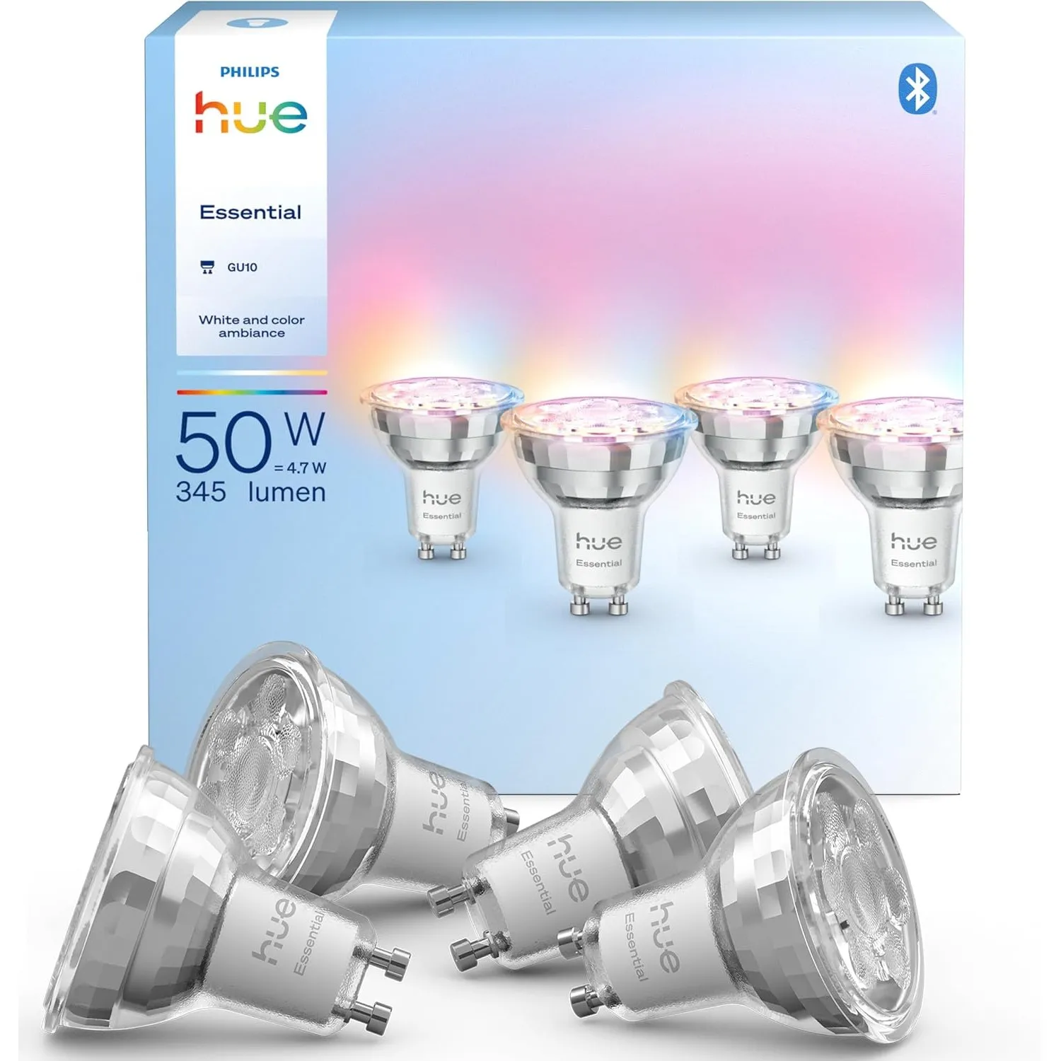Philips Hue Essential Smart LED GU10 Spotlight, Weiß und Farbe, 345 lm Energiesparlampen, dimmbar, LED Leuchtmittel kom…