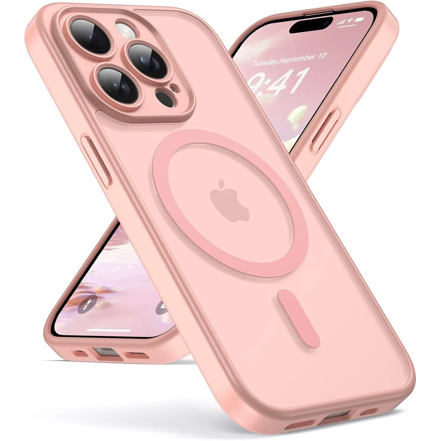 Oududianzi-Magnetisch Hülle für iPhone 15 Pro mit Magsafe, Rosa | Durchscheinende Mattierte PC Rückseite TPU Silikon Sc…