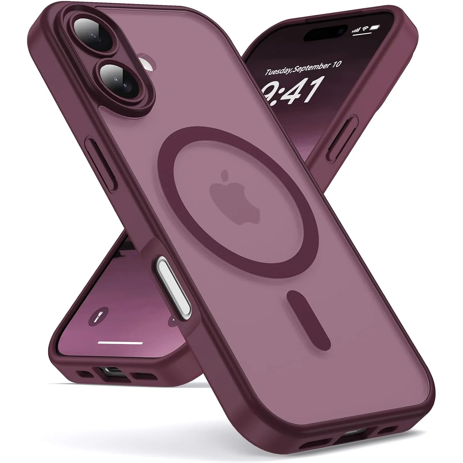 Oududianzi - Magnetisch Hülle für iPhone 16 mit Magsafe Case, WineRed | Durchscheinende Mattierte PC Rückseite TPU Sili…