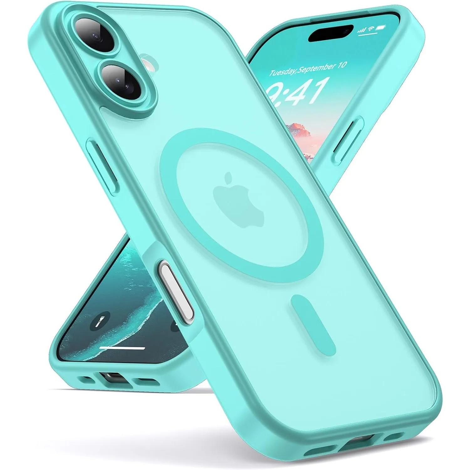 Oududianzi - Magnetisch Hülle für iPhone 16 mit Magsafe Case, BlauGrün | Durchscheinende Mattierte PC Rückseite TPU Sil…