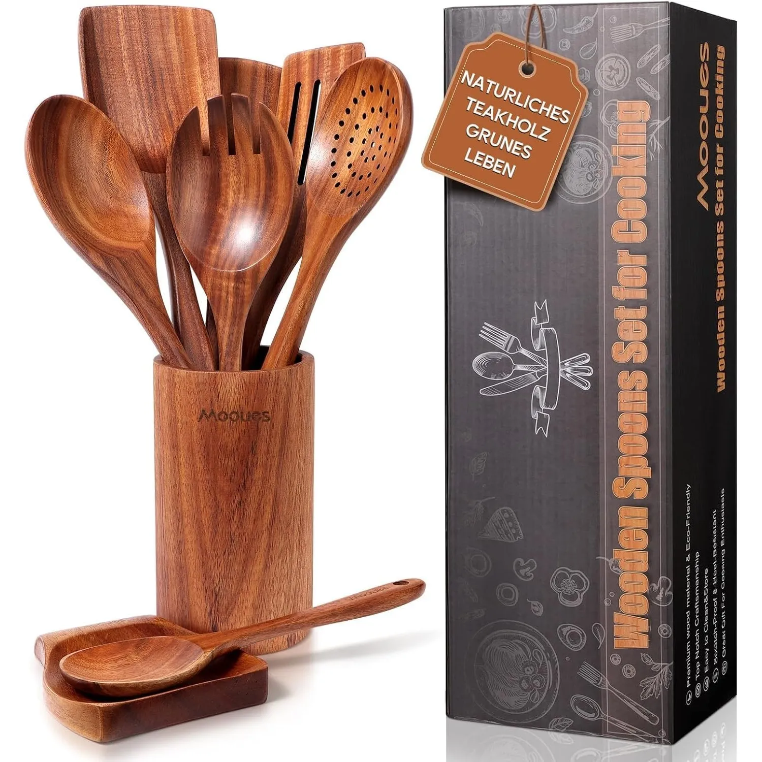 Mooues Kochlöffel Holz Set aus natürliches Teakholz, 9 Stück Küchenhelfer Set mit Halter, Holzlöffel, Pfannenwender, Sa…