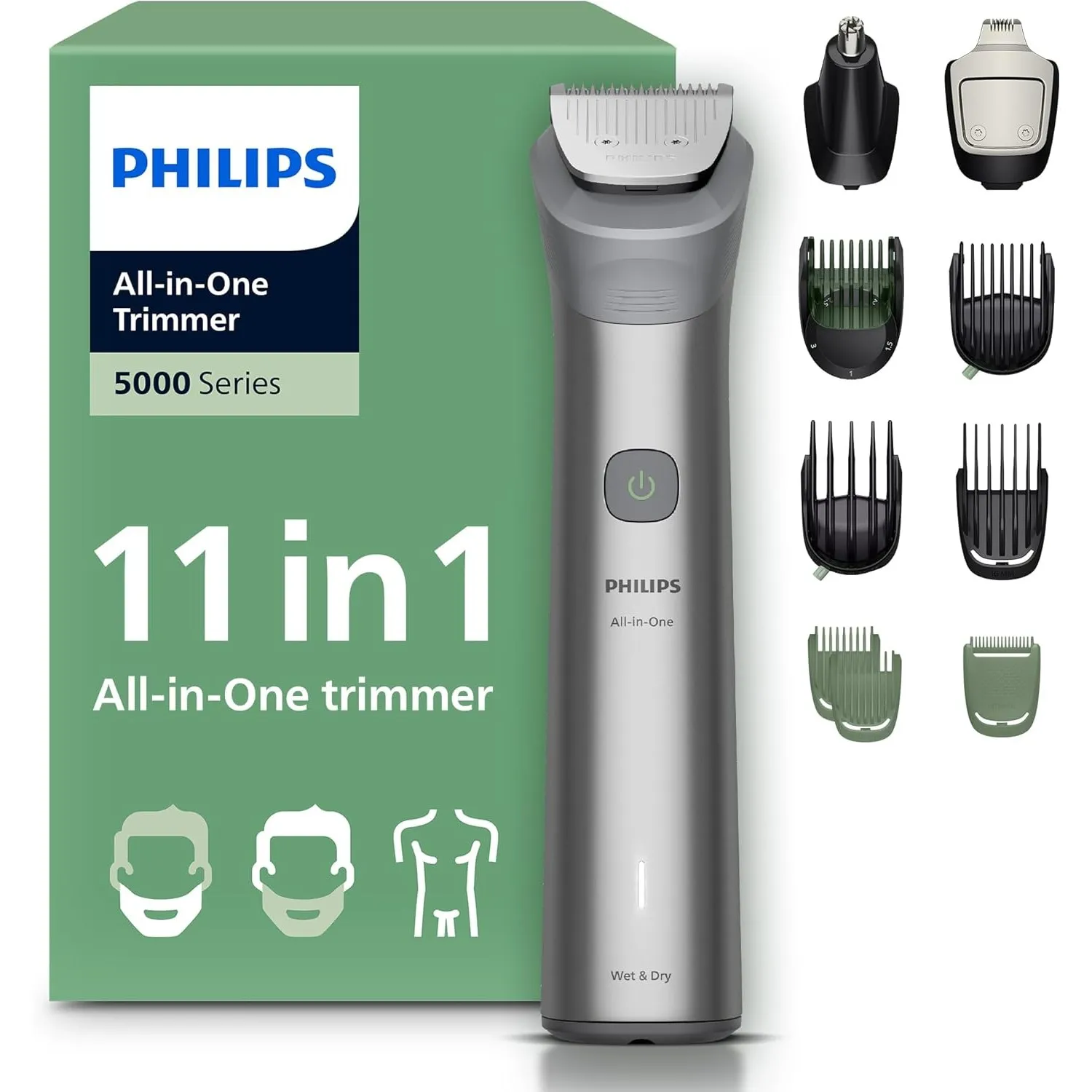 PHILIPS Multigroom Series 5000 All-in-One 11-teiliger Barttrimmer und Haarschneider für Gesicht, Kopf und Körper, selbs…