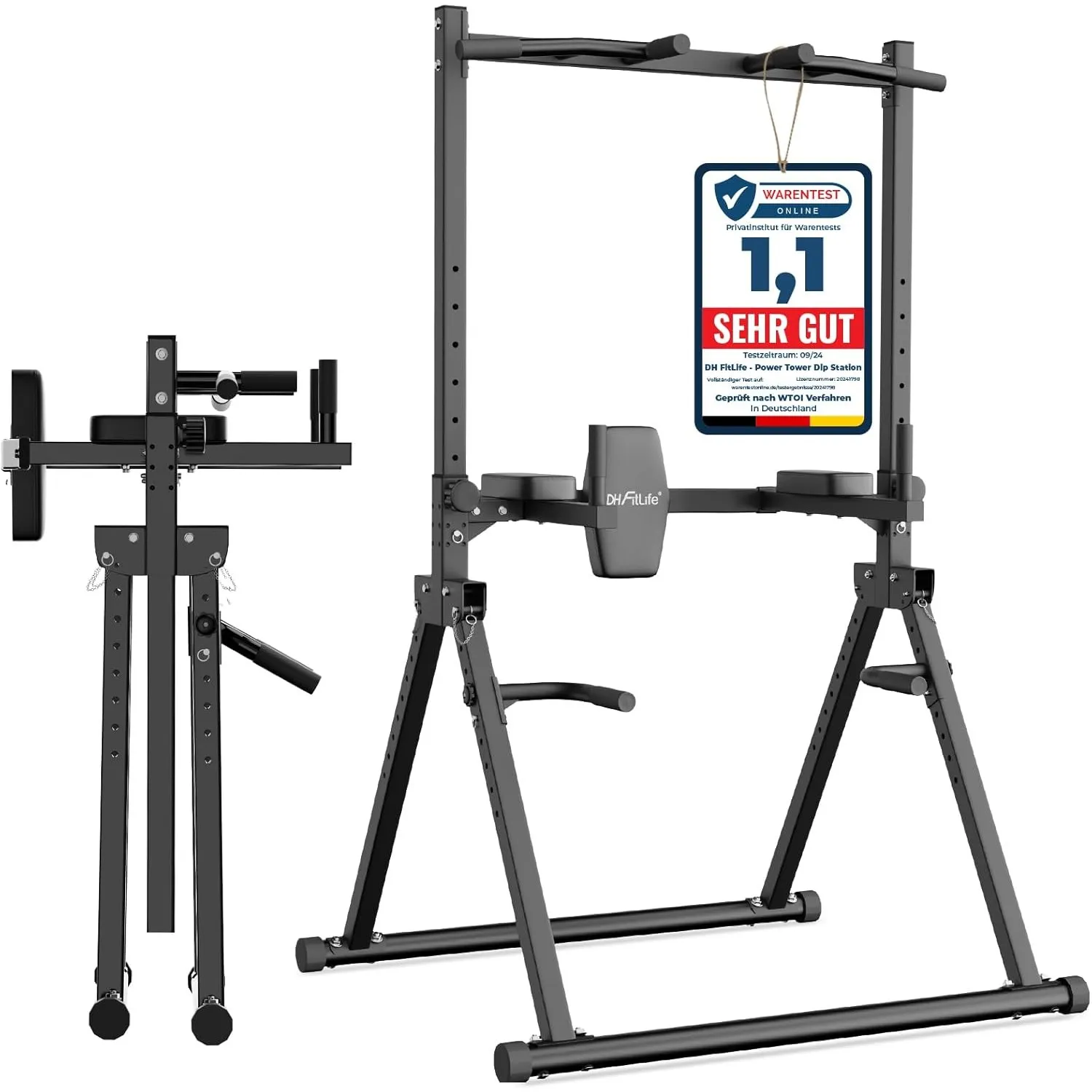 DH FitLife Faltbar Power Tower Dip Station | Klimmzugstange Freistehend mit Dip Barren u. Hantelablagen/Rückenlehne | K…