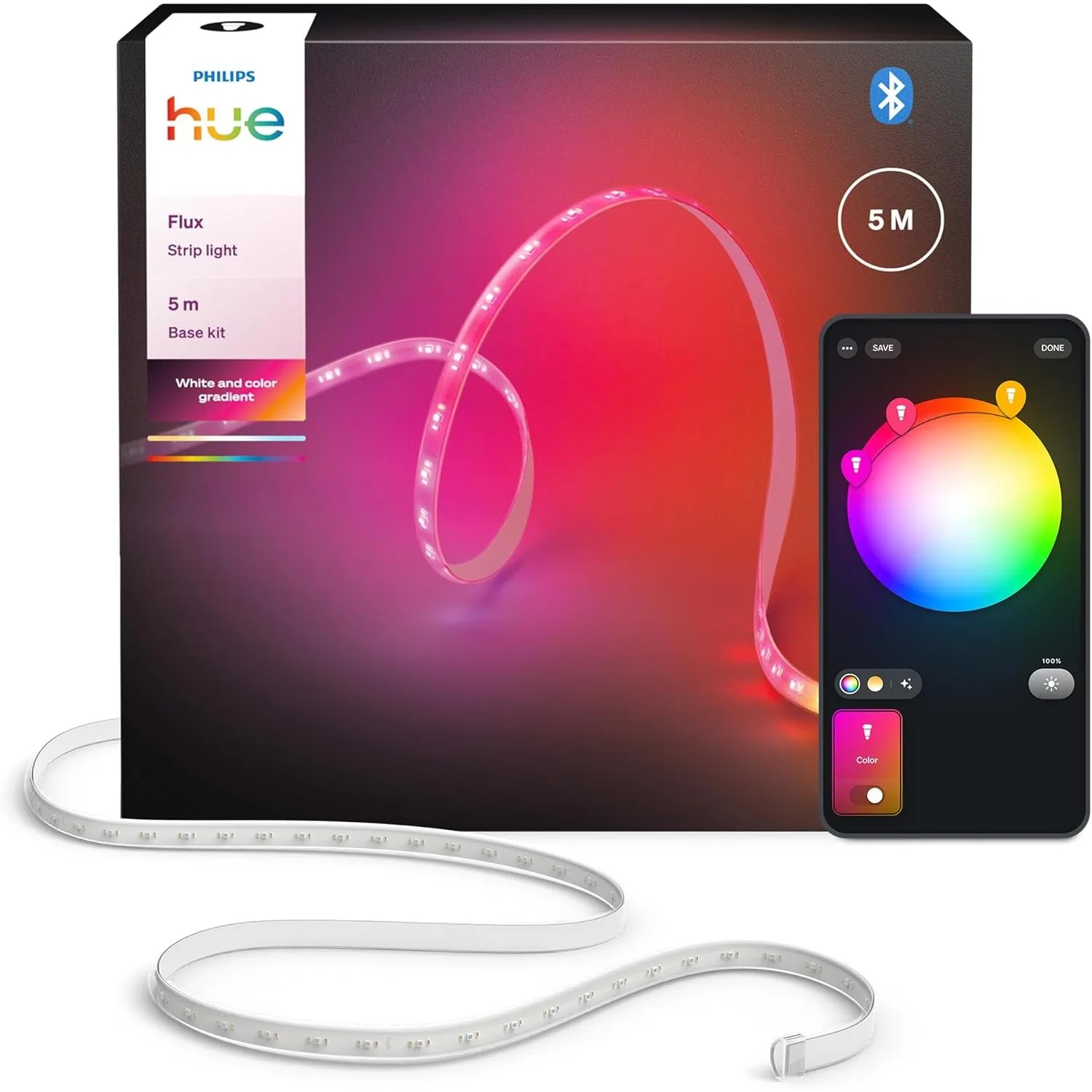 Philips Hue Flux 5m LED-Lightstrip, 1200 lm Lichtband, flexible Innenbeleuchtung, Chromasync™-Farbmischung, RGBWWIC LED…
