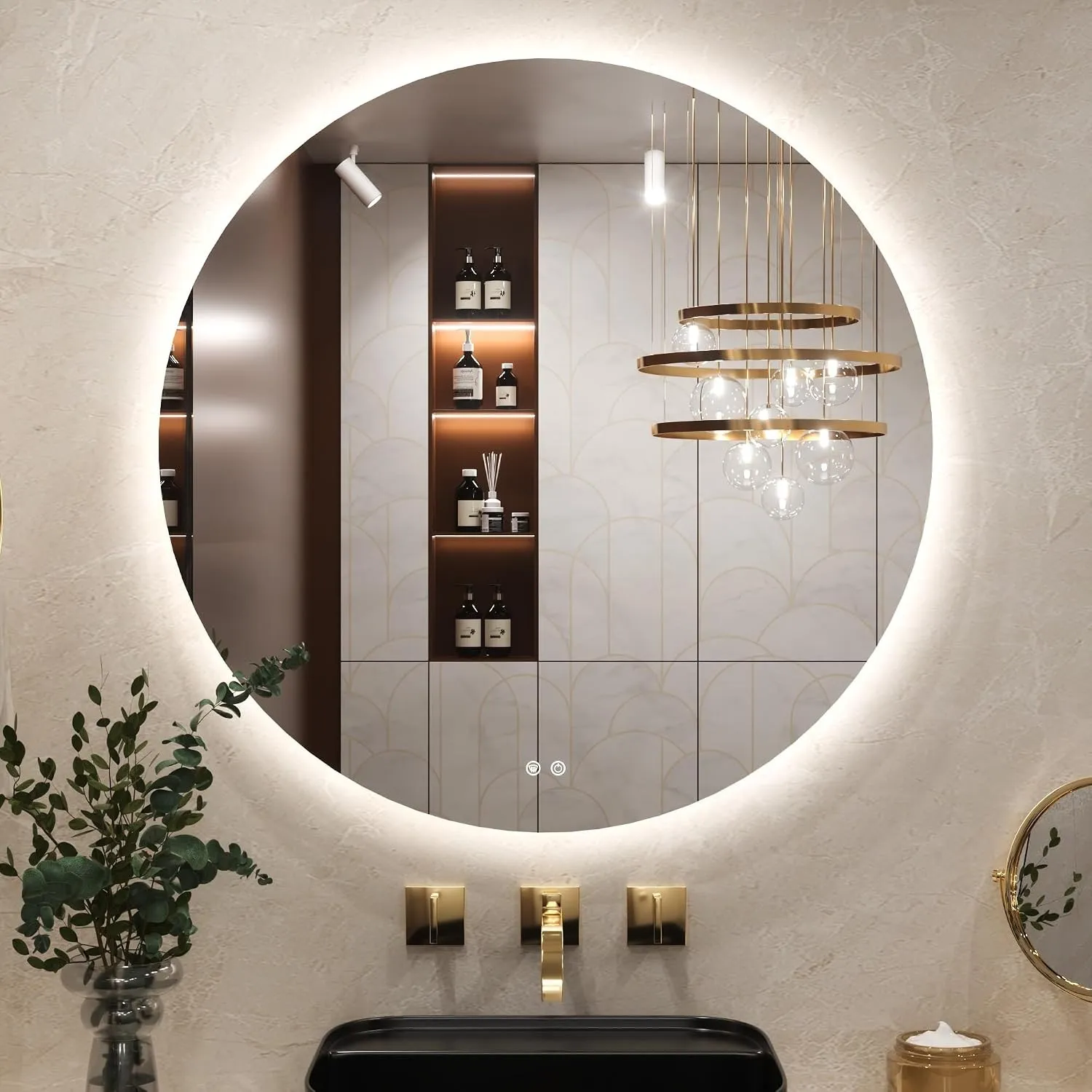 Keonjinn Badspiegel mit Beleuchtung Rund 90cm, Badezimmerspiegel mit Beschlagfrei Touch Schalter Speicherfunktion 3 Lic…