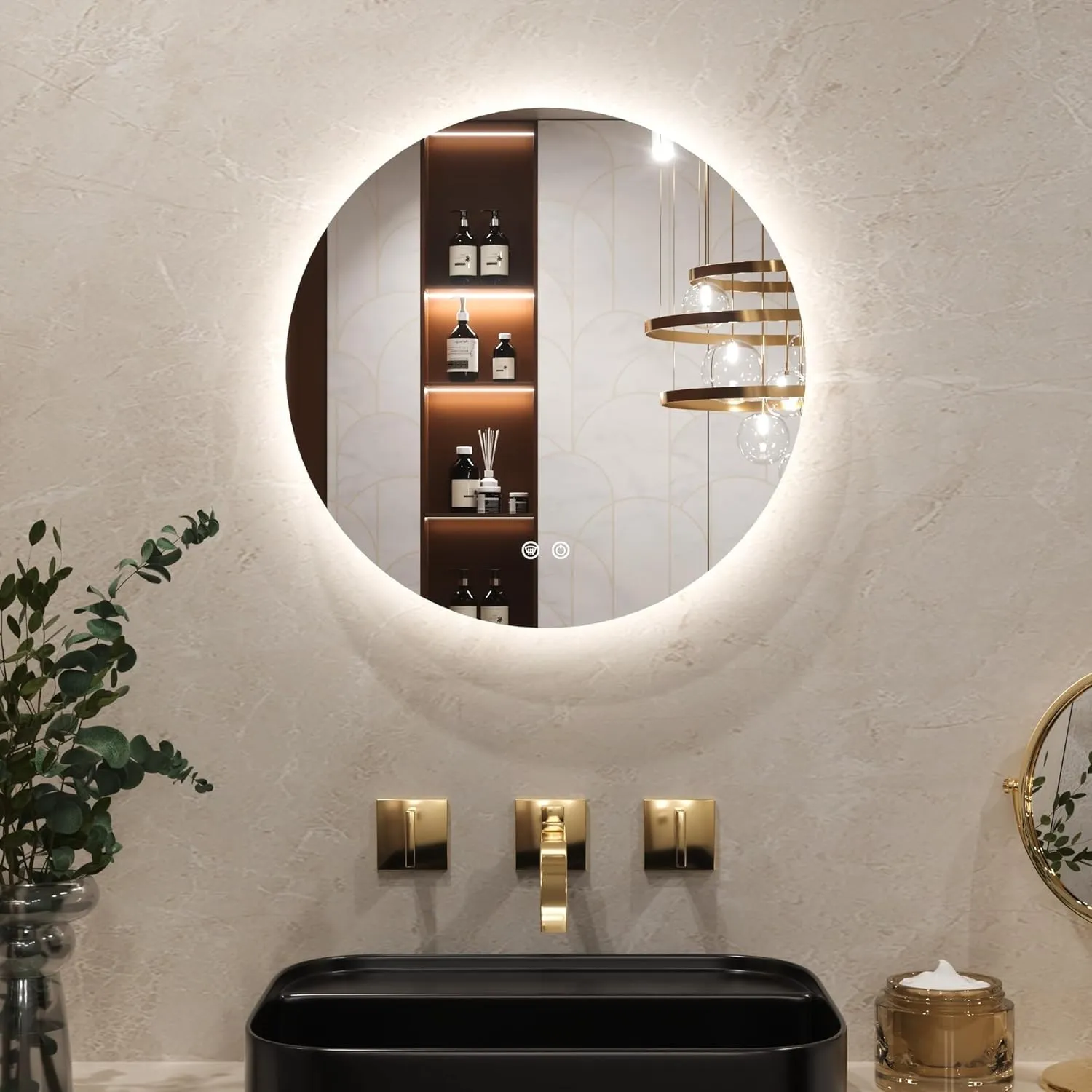 Keonjinn Badspiegel mit Beleuchtung Rund 50cm, Badezimmerspiegel mit Beschlagfrei Touch Schalter Speicherfunktion 3 Lic…