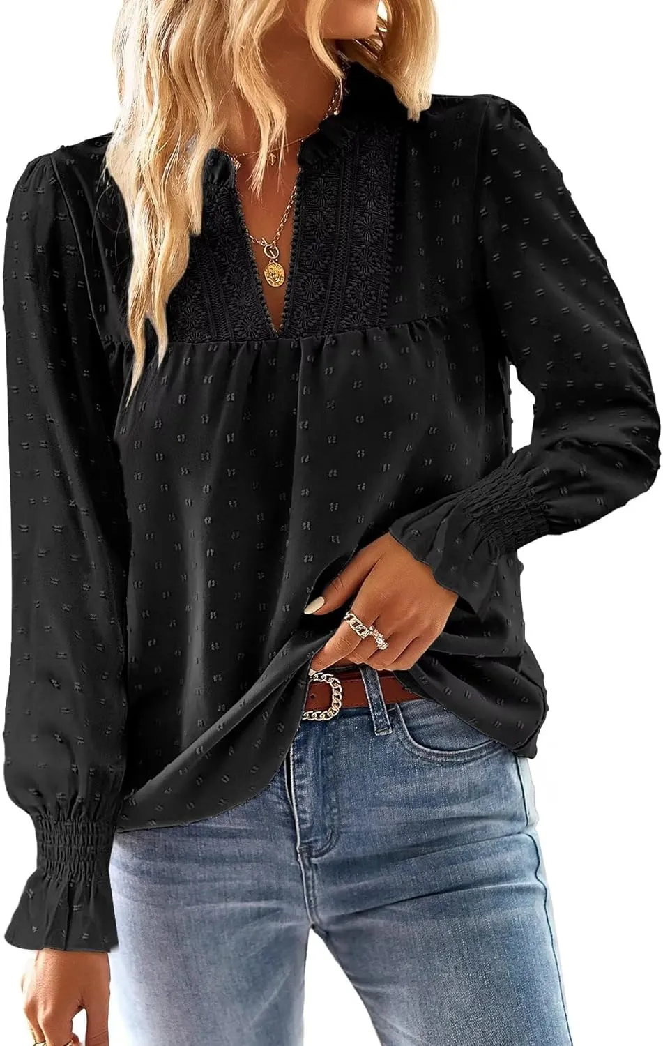 Langarmshirt Damen Herbst Boho Top Oberteile Fließend Elegant V-Ausschnitt T Shirt Süß Lässig Outfits Frühling Winter L…