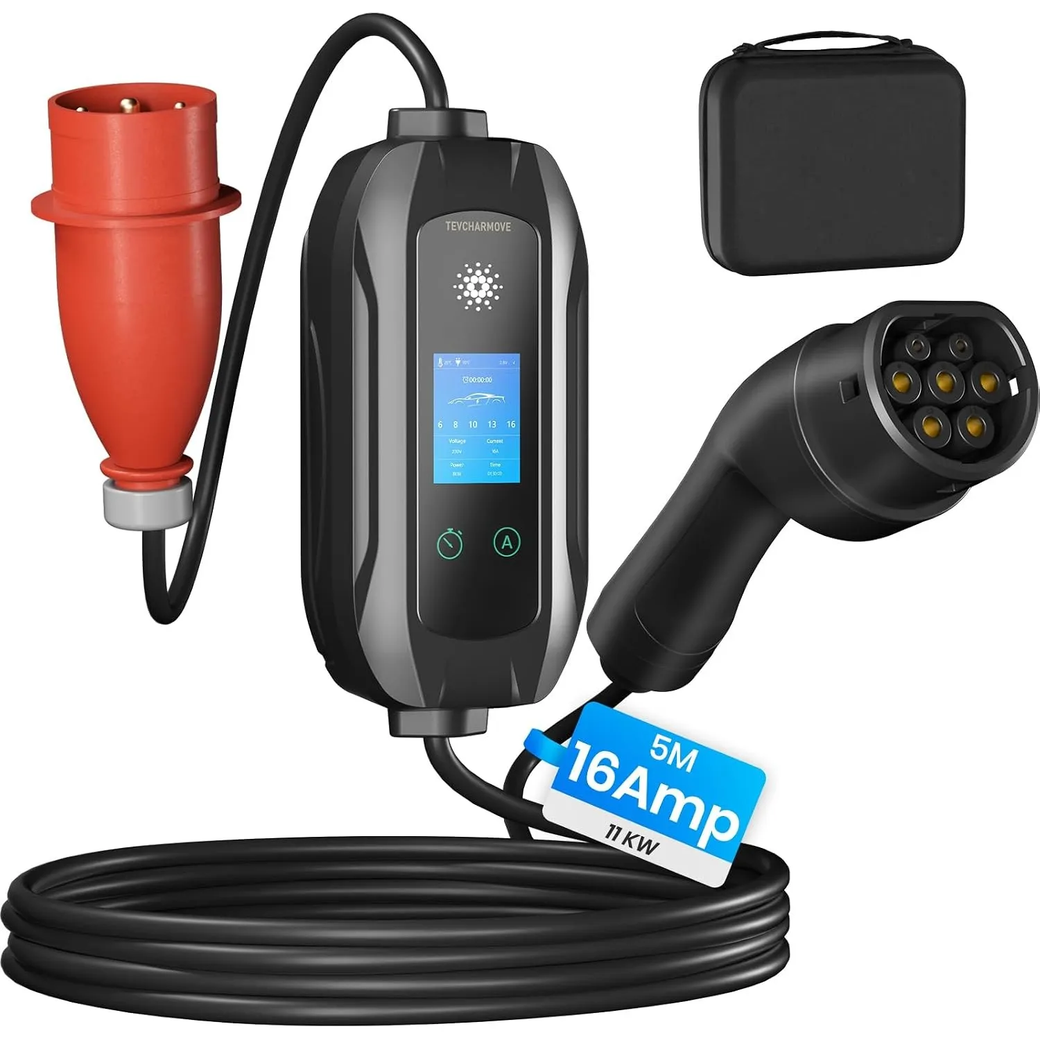 Mobile Wallbox 11KW Ladestation, 5M|Typ 2 Ladekabel mit CEE Stecker, 6-16A Einstellbarer Ladeleistung Tragbare EV Ladeg…