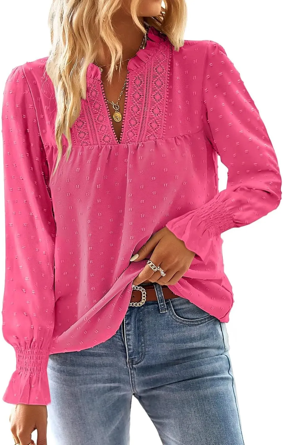 Langarmshirt Damen Herbst Boho Top Oberteile Fließend Elegant V-Ausschnitt T Shirt Süß Lässig Outfits Frühling Winter L…