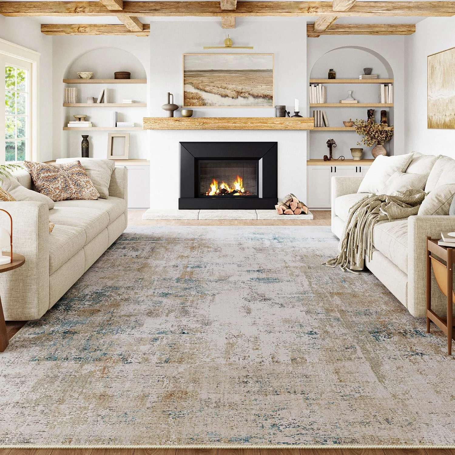 HUGEAR Waschbare Teppiche Gegend Teppich 200 x 300cm Beige Blau Modern Abstrakt Wohnzimmer Schlafzimmer Teppisch Groß r…