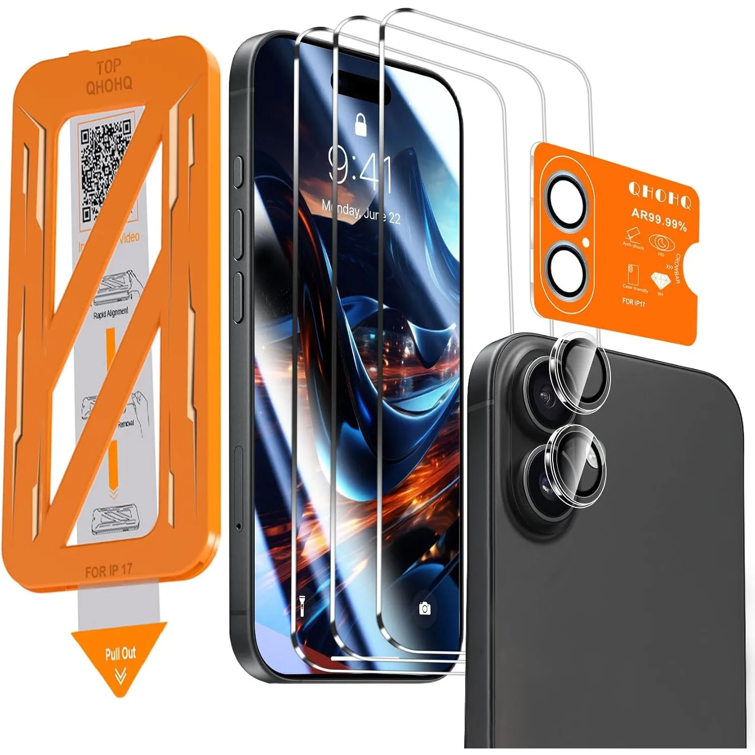 QHOHQ 3 Stück für iPhone 17 für Panzerglas mit 1 Satz Kameraschutz, Top 9H+ Härte Glas Folie, 1-Sekunden Auto-Install, …