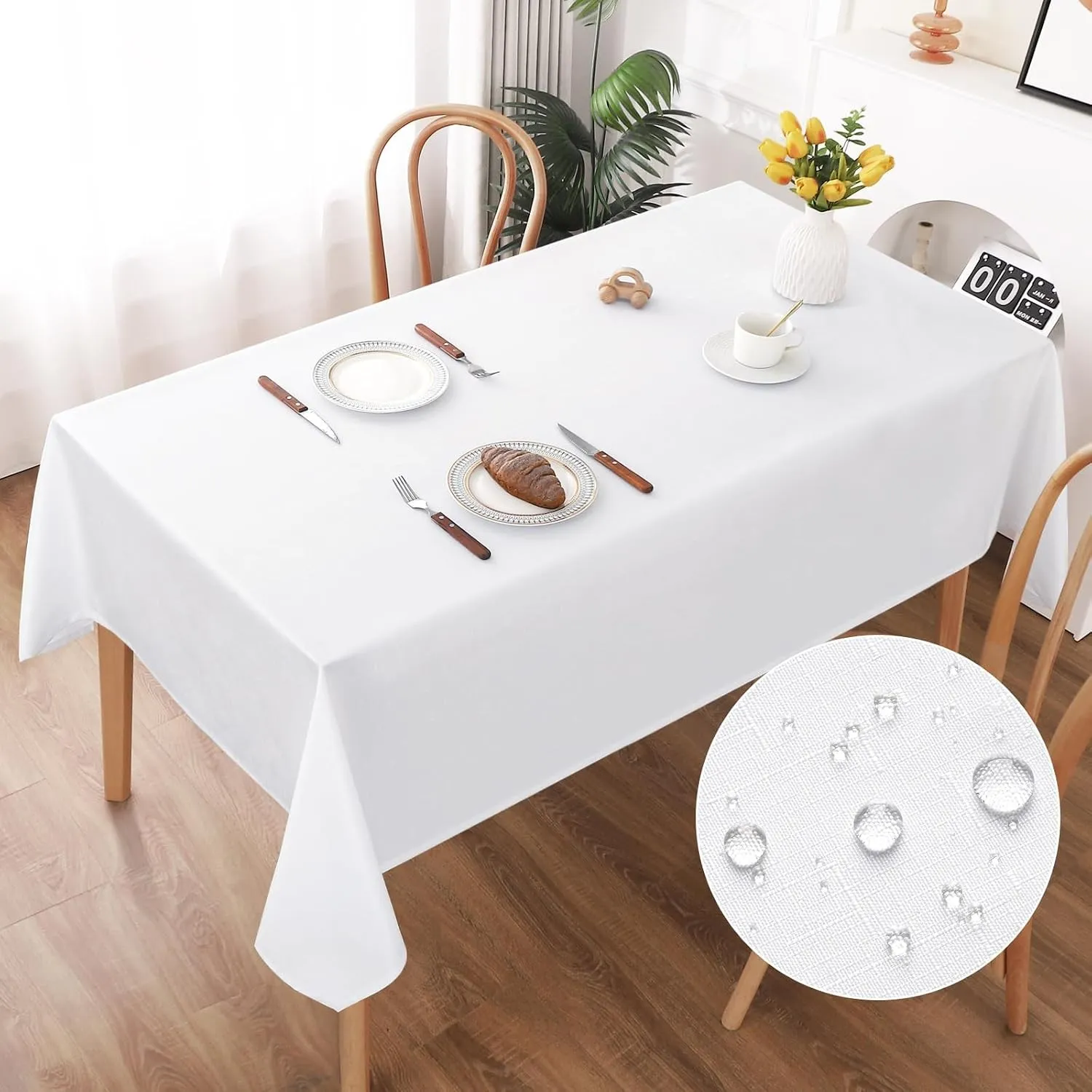 AooHome Tischdecke Abwaschbar, Weiß Tischdecken 140x300cm Leinen-Optik Tischtuch aus Polyester Wasserabweisend mit Lotu…