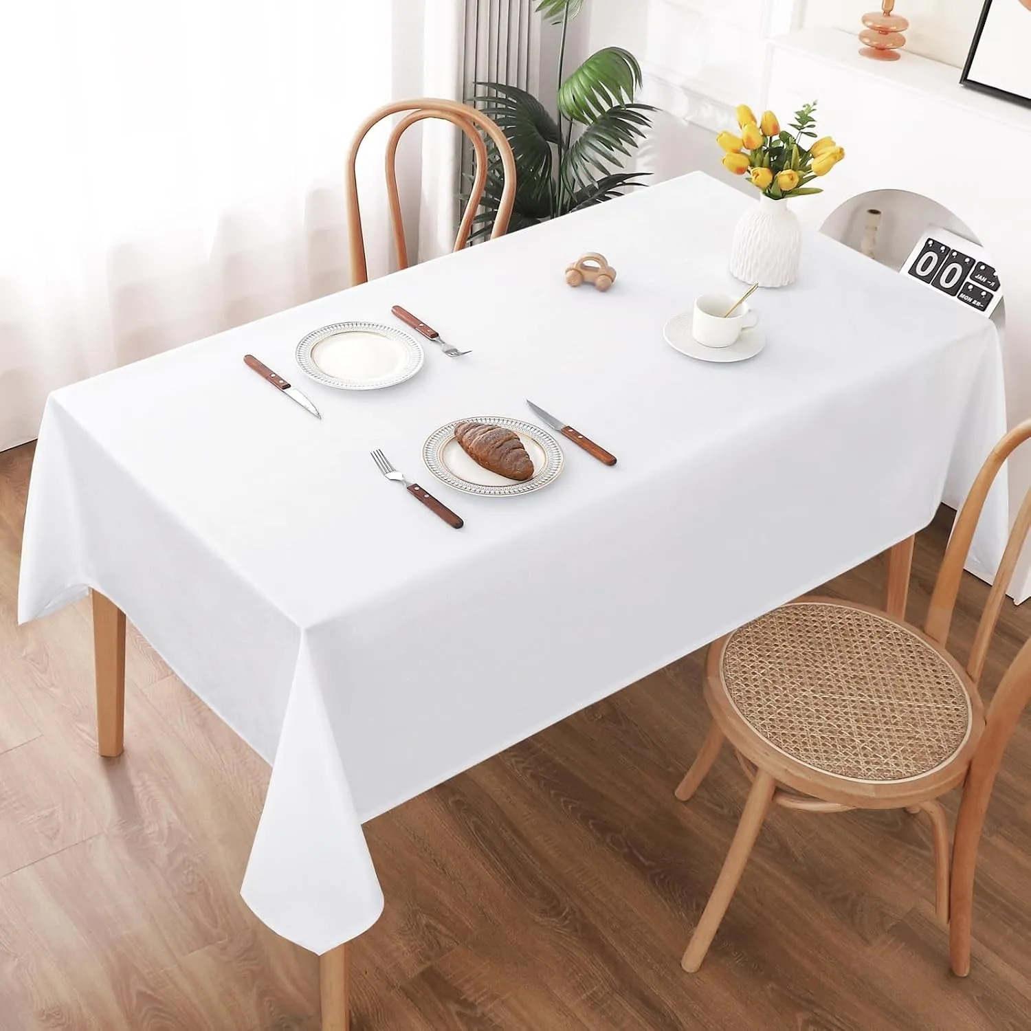 AooHome Tischdecke Abwaschbar, Weiß Tischdecken 140x280cm Leinen-Optik Tischtuch aus Polyester Wasserabweisend mit Lotu…