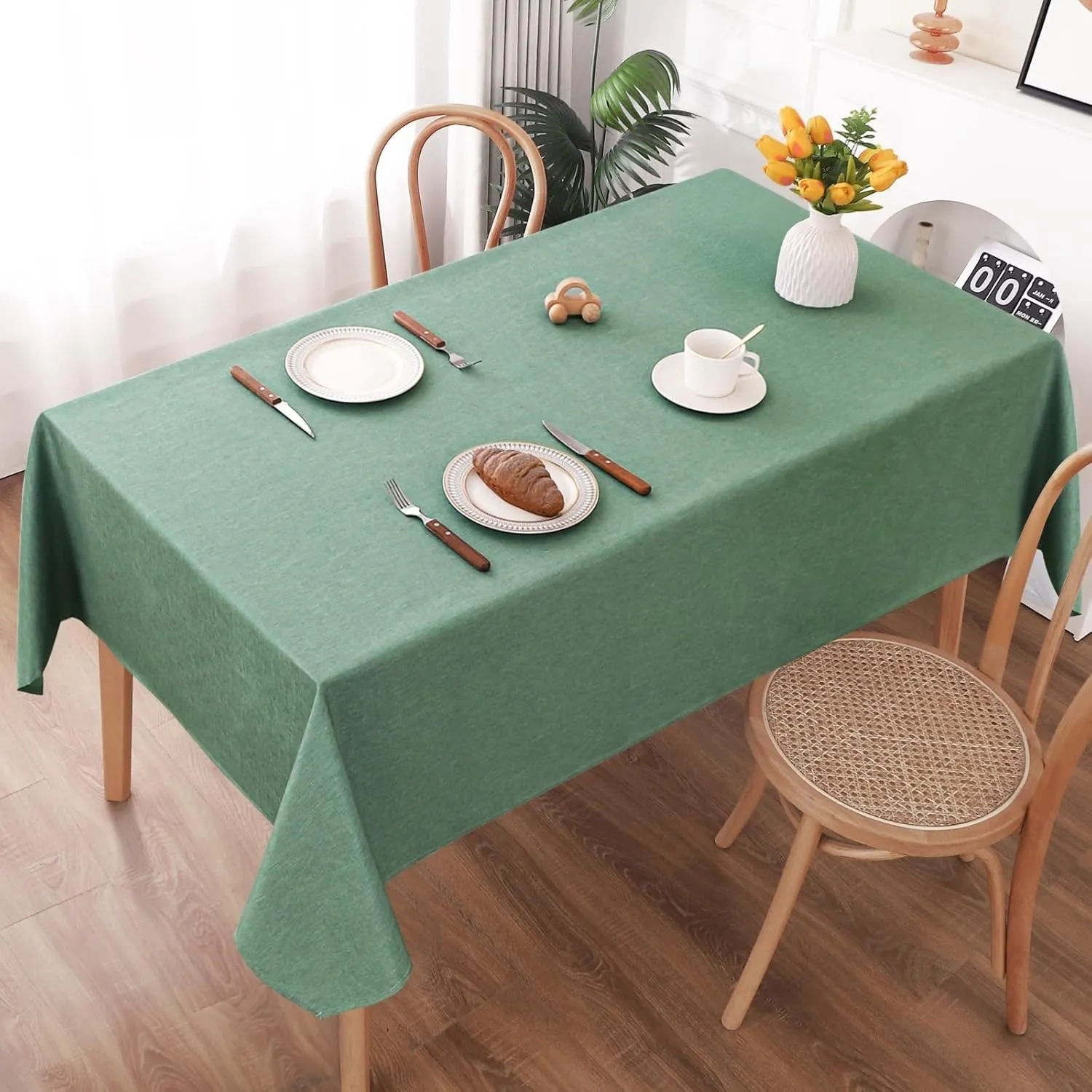 AooHome Tischdecke Abwaschbar, Grün Tischdecken 160x260cm Leinen-Optik Tischtuch aus Polyester Wasserabweisend mit Lotu…