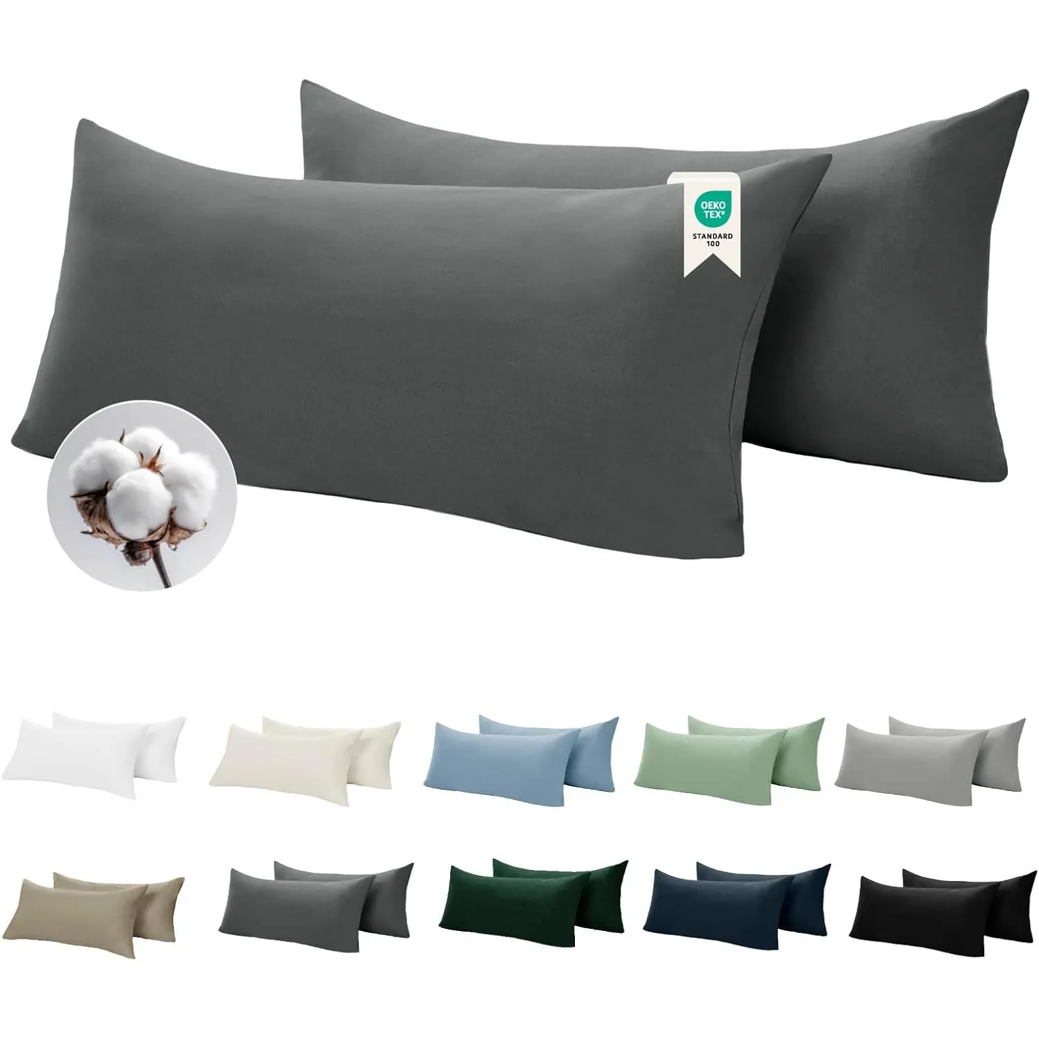 BEDELITE Kissenbezug 40 x 80 Baumwolle Grau - Kopfkissenbezug 40x80cm Anthrazit 2er Set mit extra Lange Reißverschluss,…