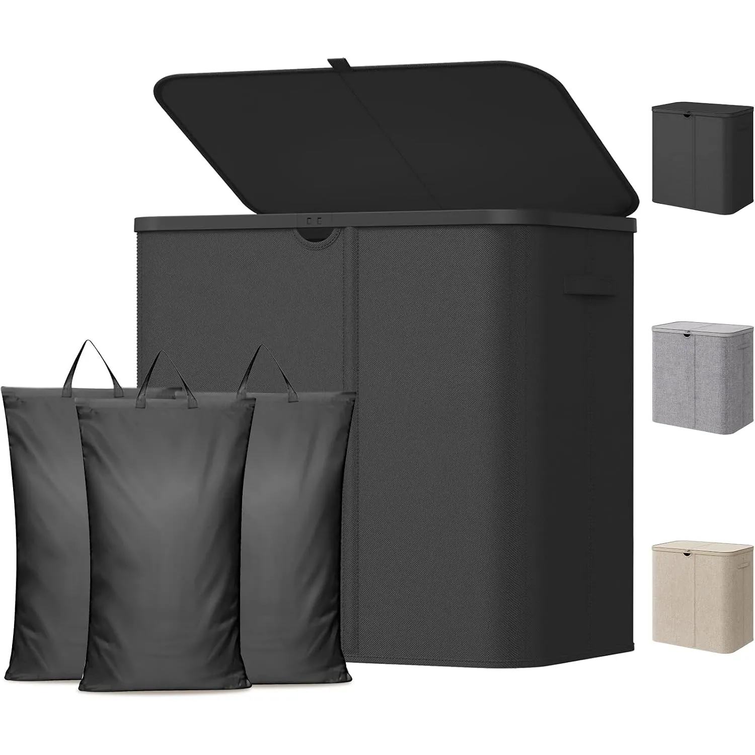 Lifewit 150L Wäschekorb mit Deckel und 3 Fächern, Schwarz
