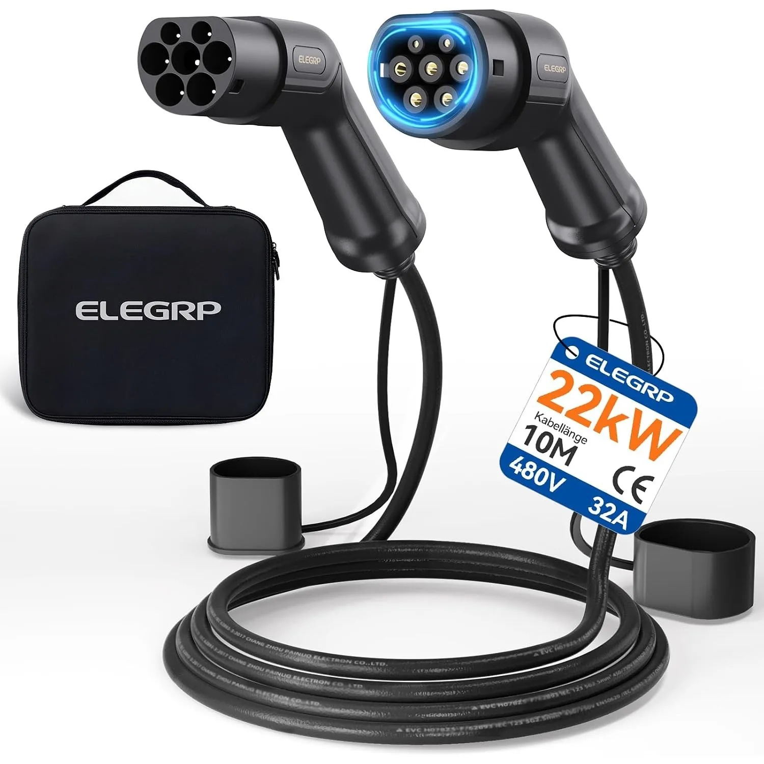 ELEGRP Typ 2 Ladekabel, 22kW 10M 32A 3-Phasig, Typ 2 auf Typ 2 Mode 3 Ladekabel für Elektroauto EV/PHEV mit Tragetasche…