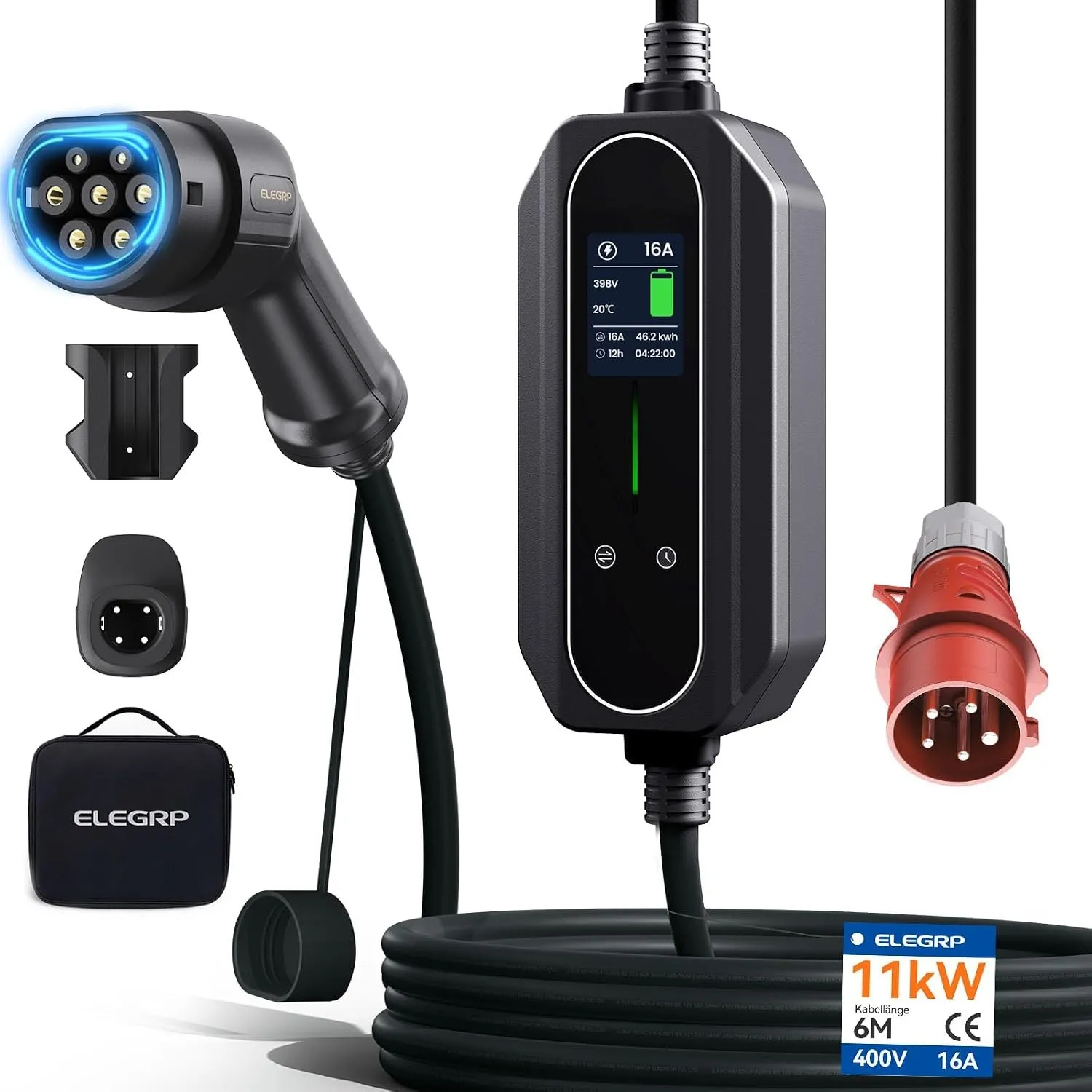 ELEGRP 11kW Mobile Wallbox mit Typ 2 Ladekabel, 3-Phasen EV Ladegerät, 6-16A Einstellbar, 6m Kabel, IP67 Wasserdicht, M…