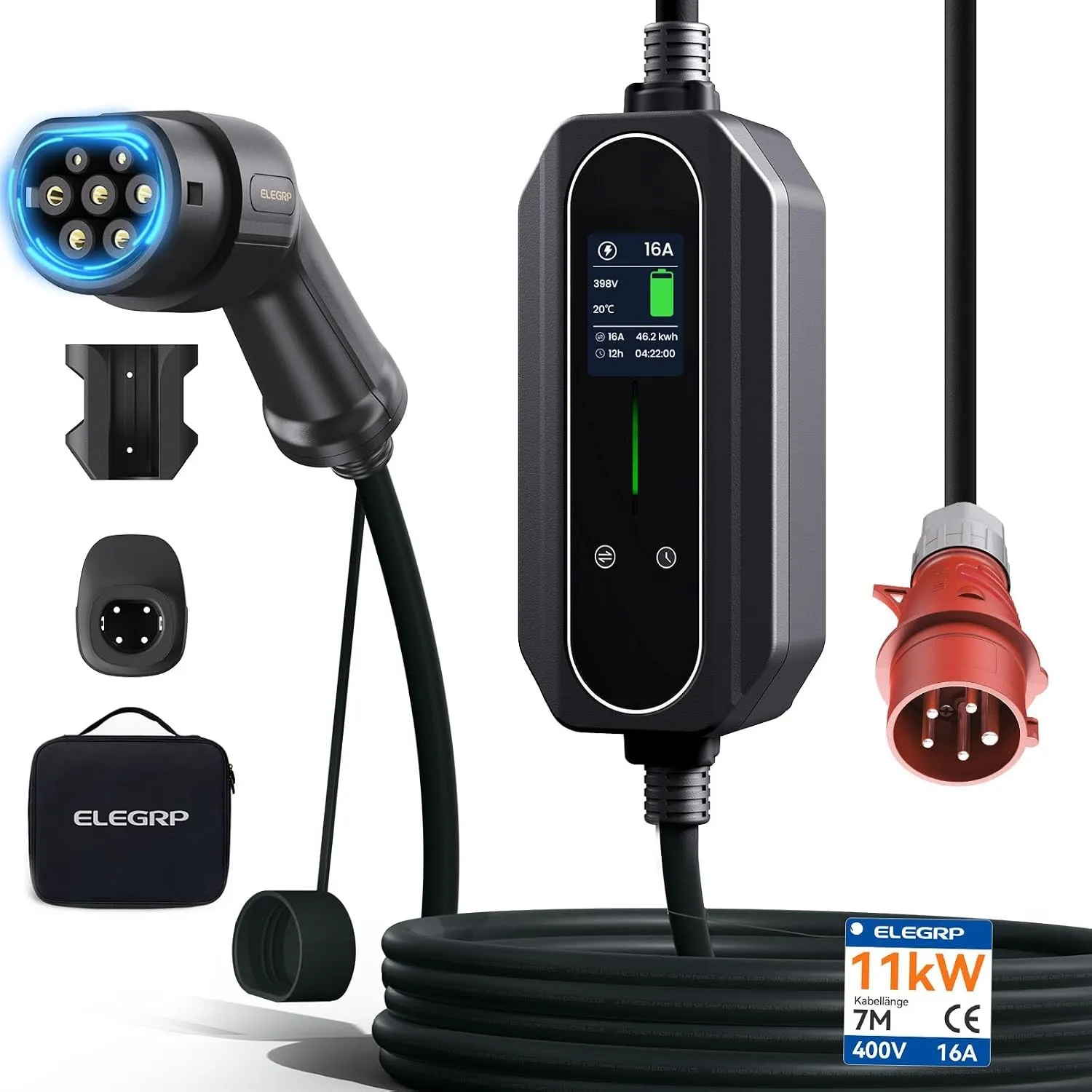 ELEGRP 11kW Mobile Wallbox mit Typ 2 Ladekabel, 3-Phasen EV Ladegerät, 6-16A Einstellbar, 7m Kabel, IP67 Wasserdicht, M…