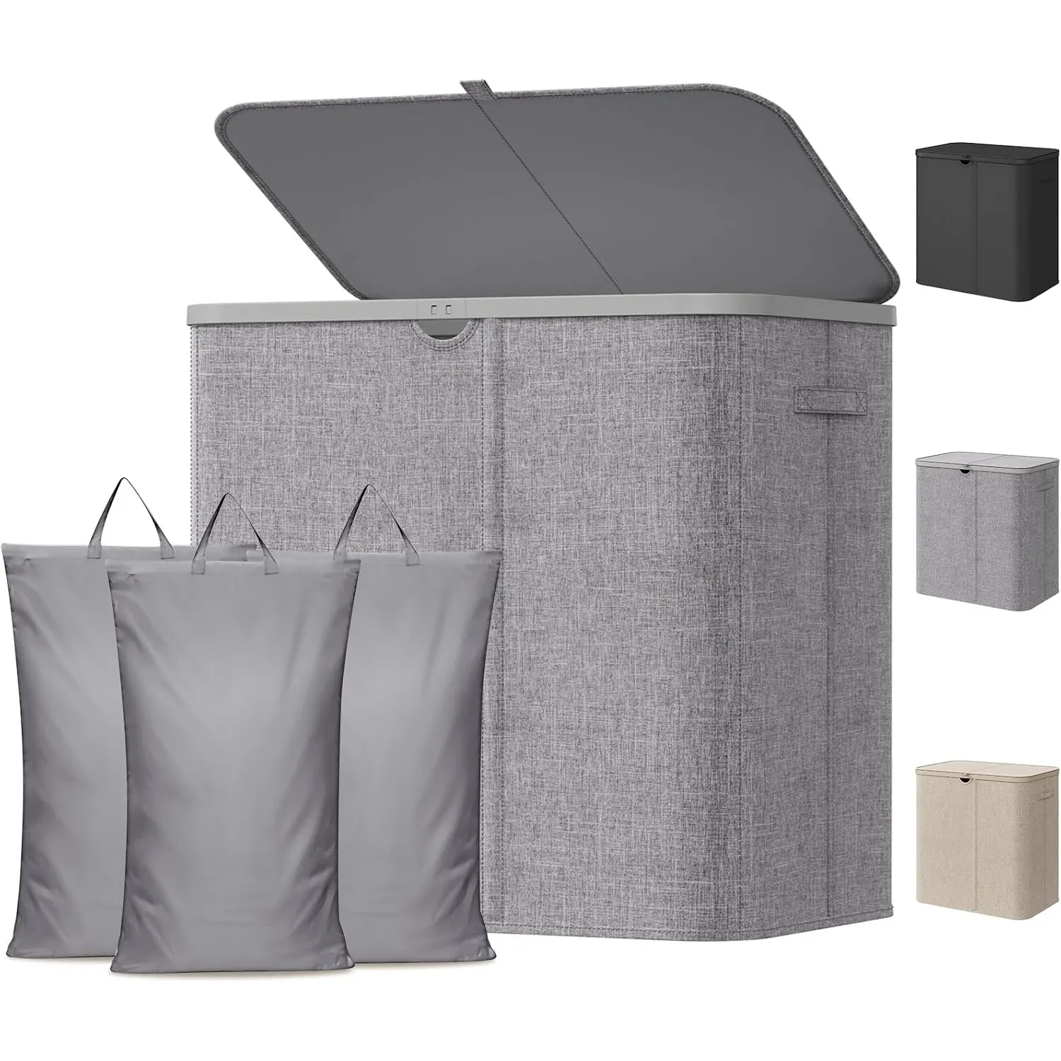Lifewit 150L Wäschekorb mit Deckel und 3 Fächern, Hellgrau