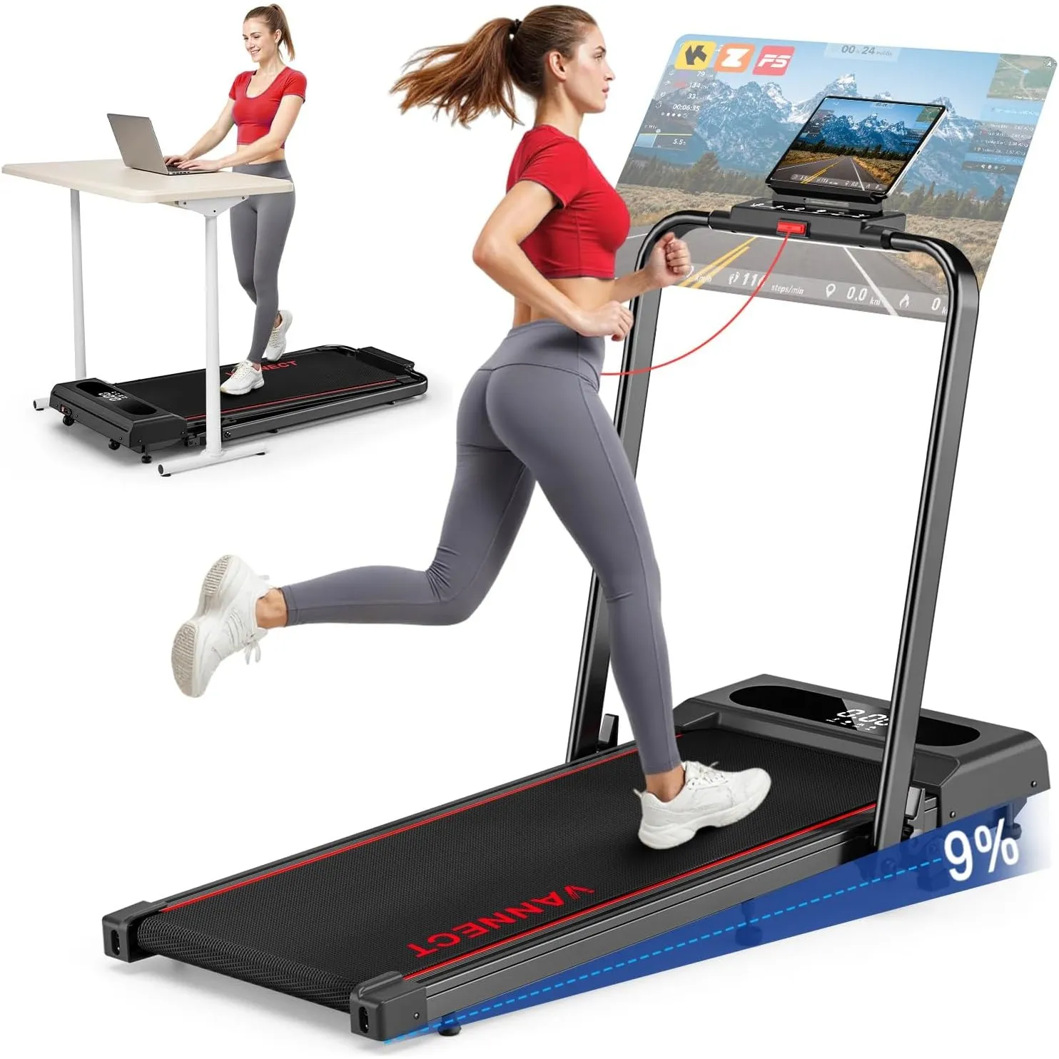 Laufband für Zuhause, VANNECT Walking Pad, 1-12 km/h Klappbares Laufband mit 9% Steigung, Ultra-Leise, LCD-Display, Dre…