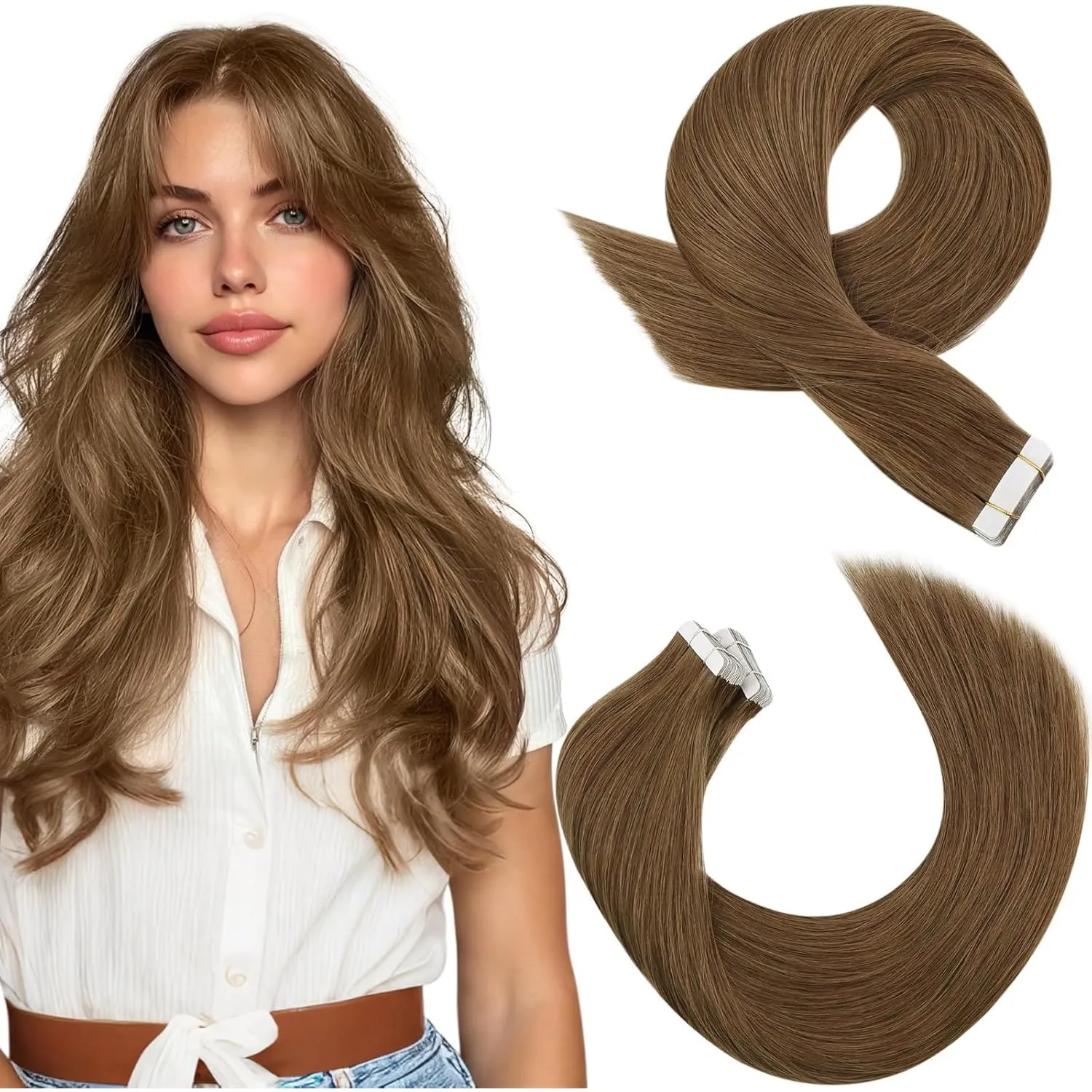 Moresoo Tapes in Extensions Echthaar Braun Glattes 50 cm 20 Stück 50g