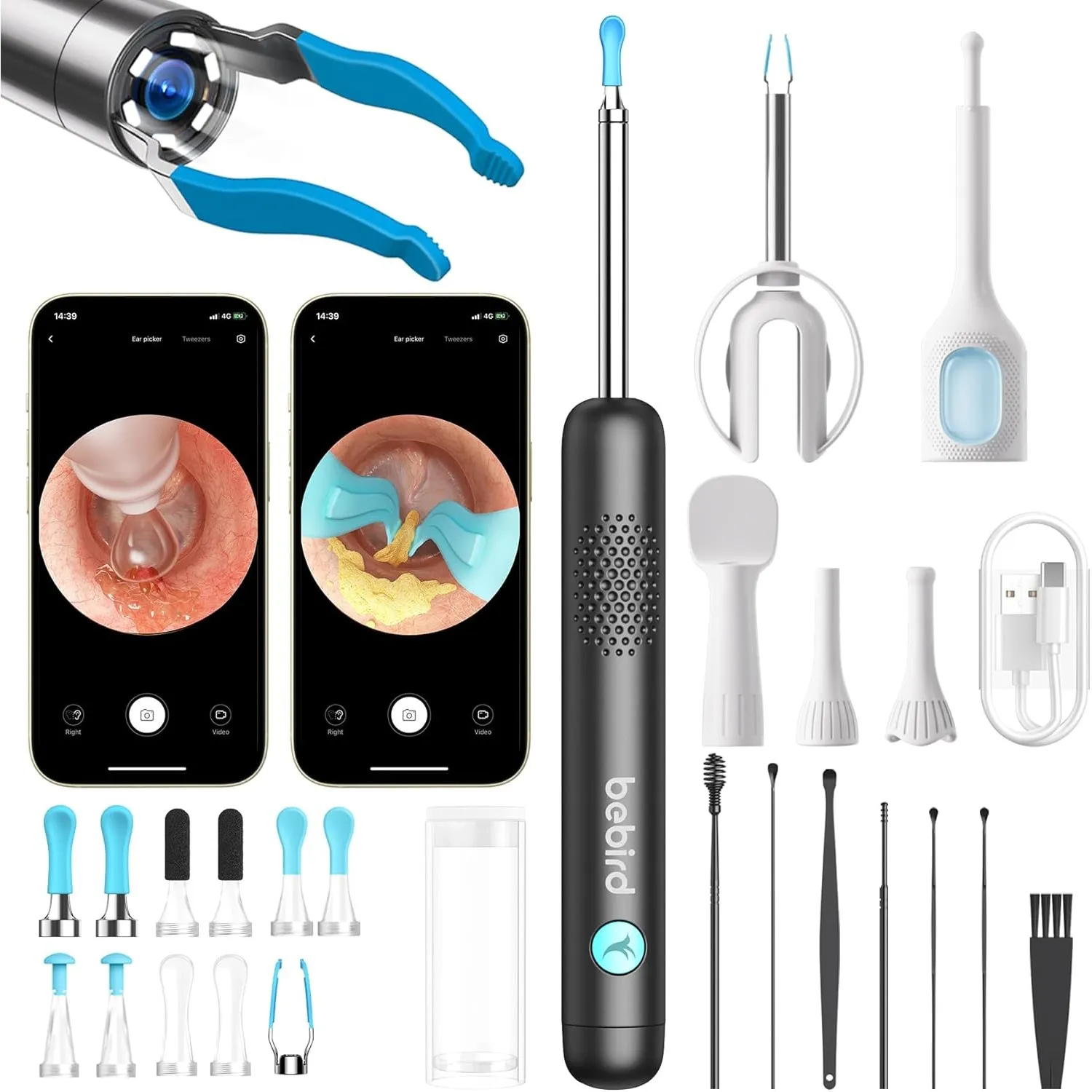 BEBIRD R1 Ultra Ohrenschmalz Entferner Kamera, Ohrenreiniger Komplett-Set mit Sichtbarer Dropper & Pinzette-Schwarz