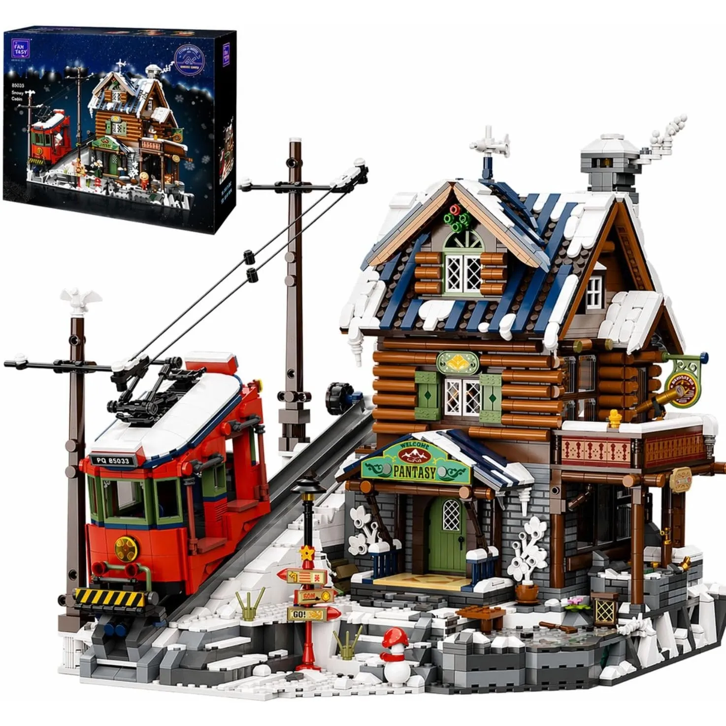 PANTASY Skihütte Klemmbausteine Set mit Vintage-Seilbahn