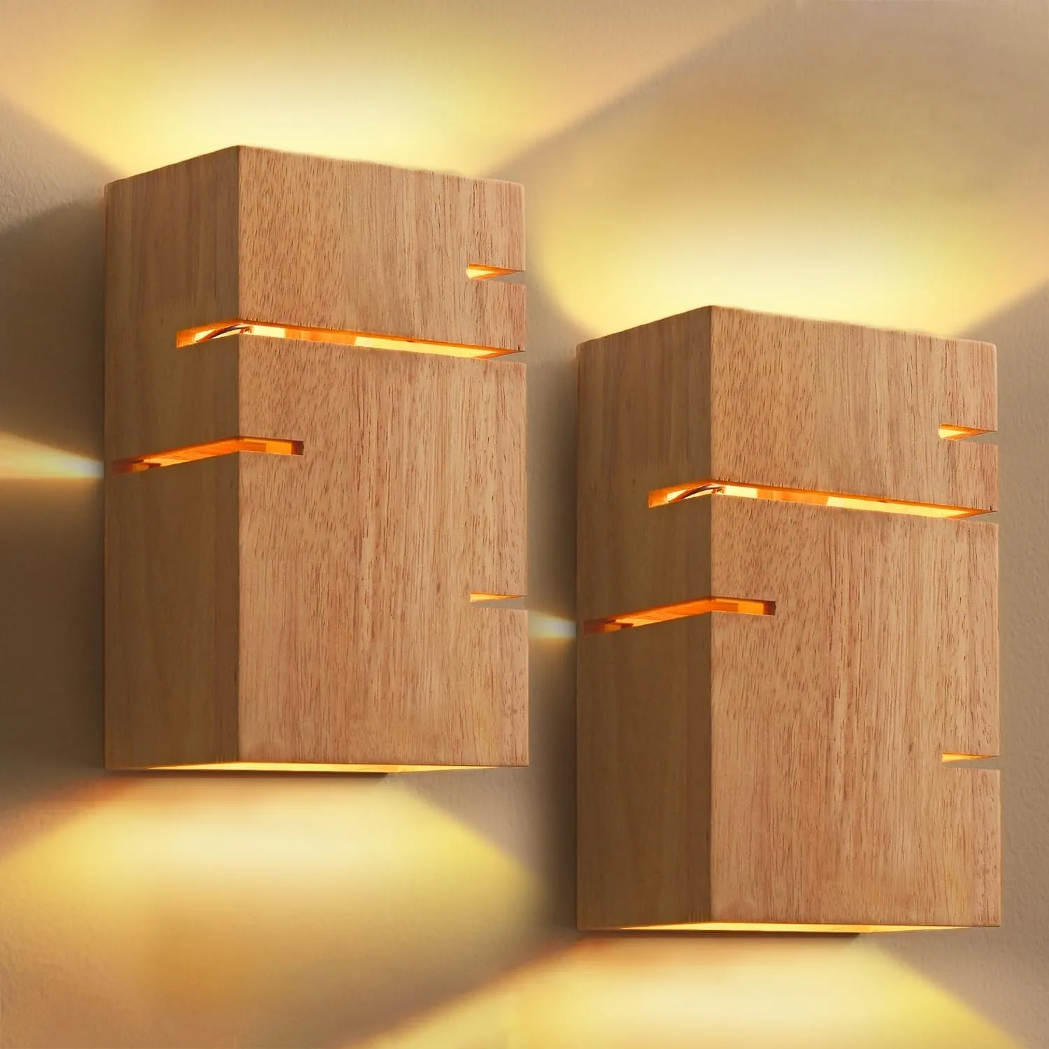 2 Stück Wandleuchte Innen Holz, E27 2-Flammig Vintage Wandlampe, inkl.lampe