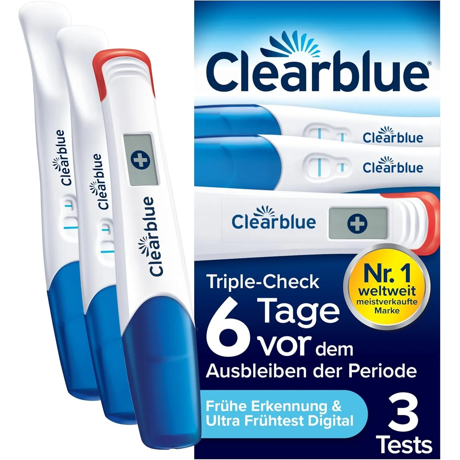 Clearblue Schwangerschaftstest Triple-Check Ultra Früh Kombipack, Ergebnisse 6 Tage früher, 3 Tests