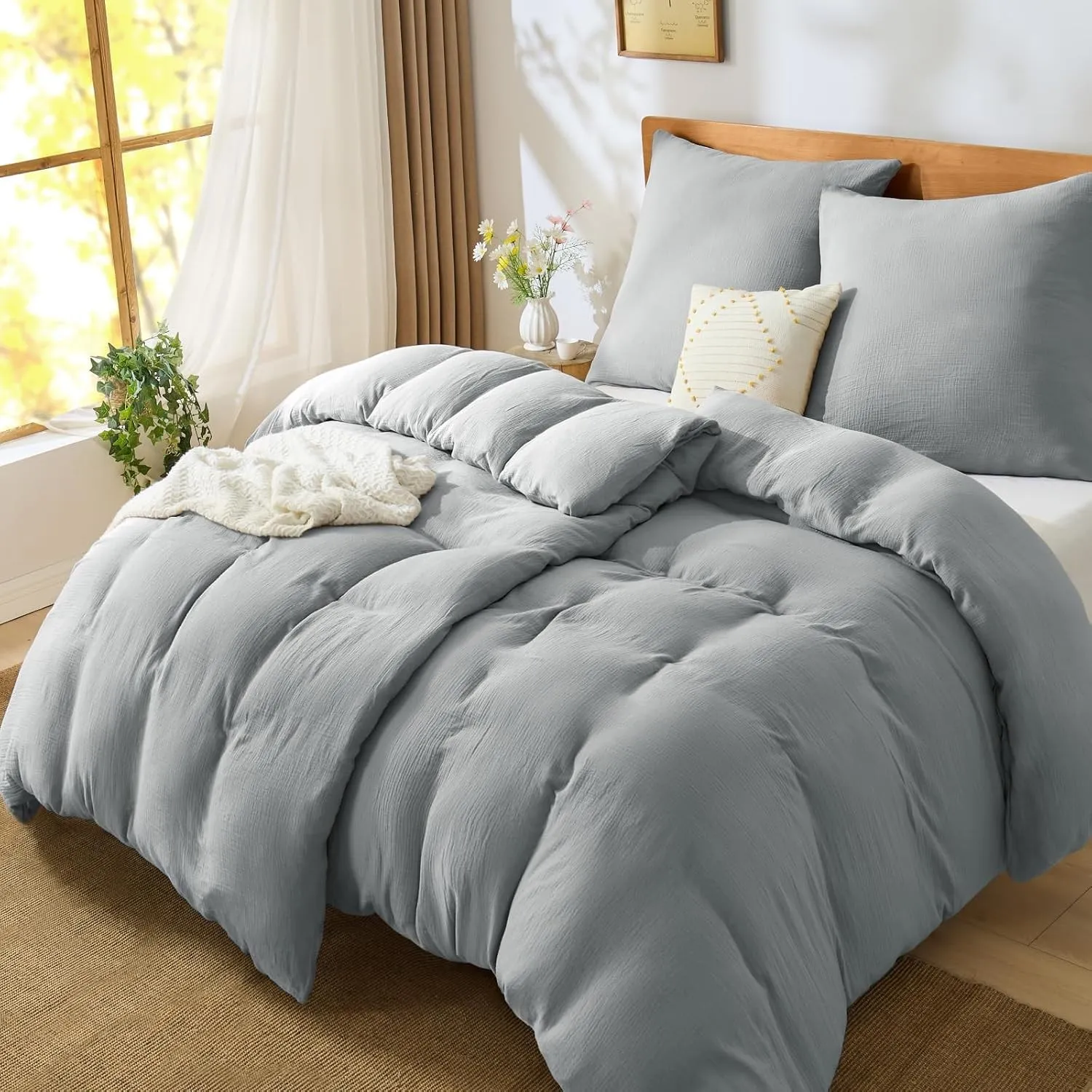 BEDELITE Musselin Bettwäsche 135x200 4teilig Baumwolle, Grau, ÖKO-TEX | Sommer Bettwäsche-Sets mit Reißverschluss, Bett…