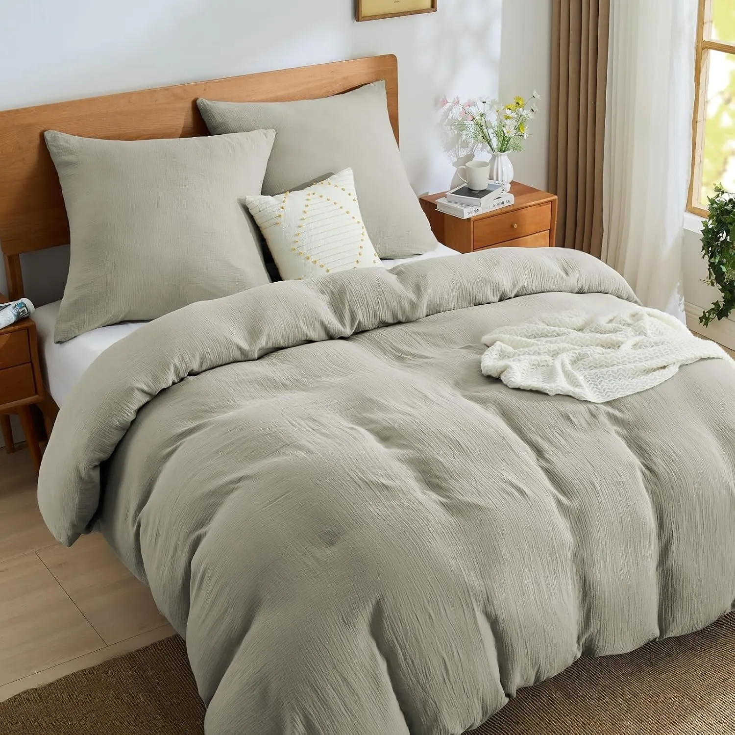 BEDELITE Musselin Bettwäsche 200x220 3teilig Baumwolle, Taupe, ÖKO-TEX | Sommer Bettwäsche-Sets mit Reißverschluss, Bet…