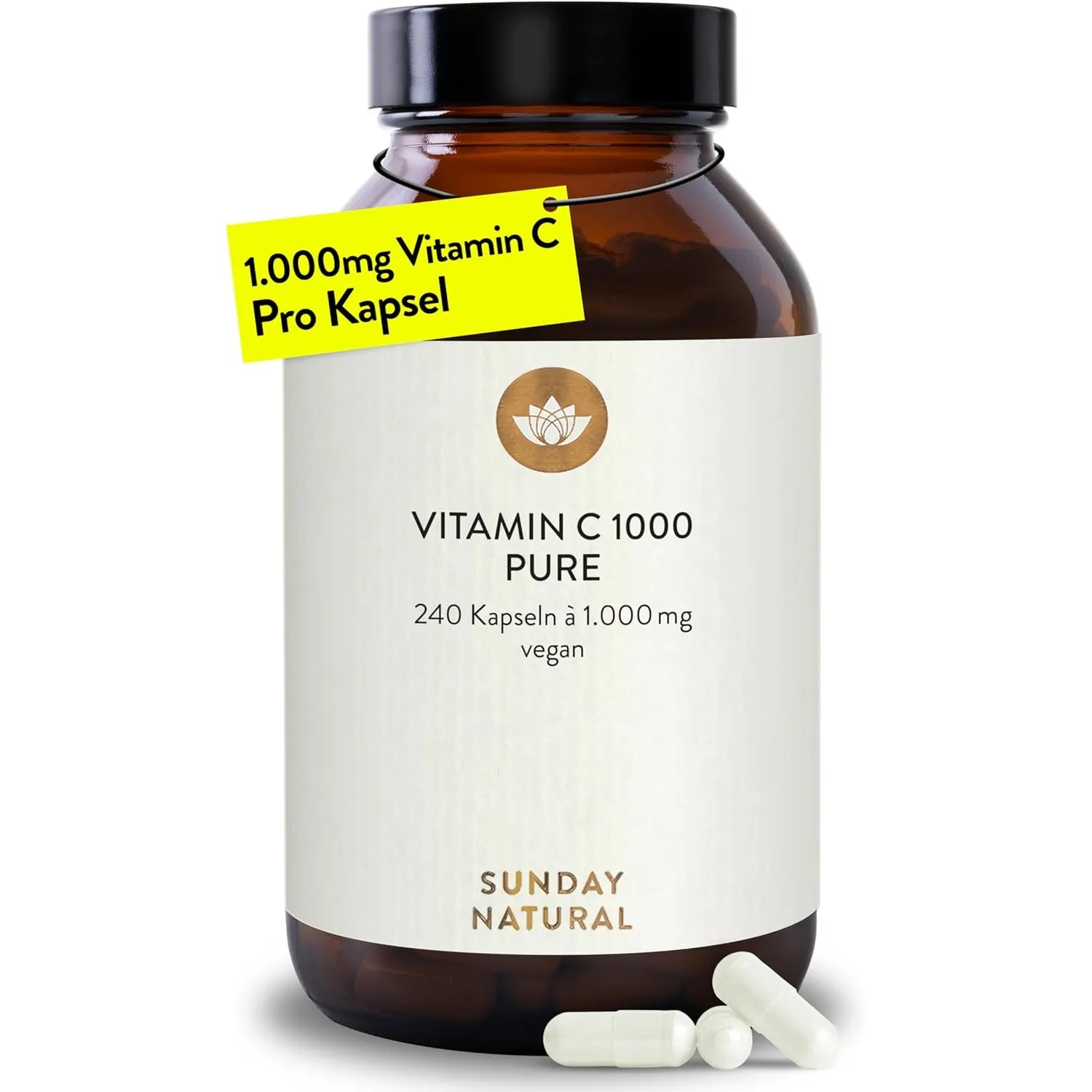 SUNDAY NATURAL® Reines Vitamin C - 240 Kapseln - Hochdosiert mit 1000mg pro Kapsel – Ascorbinsäure mit hoher Reinheit –…