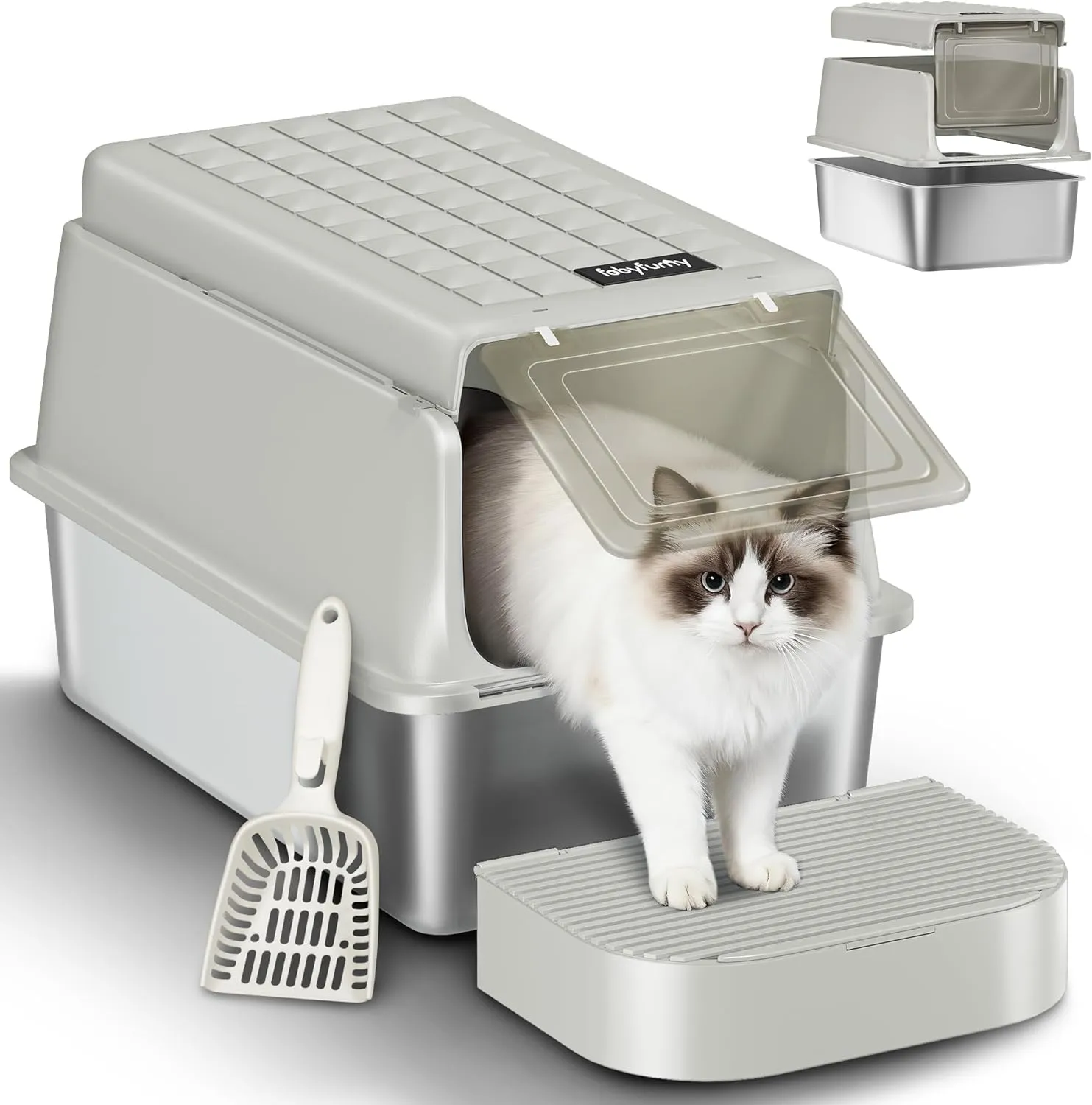 Edelstahl-Katzenklo mit Deckel, XXL Geschlossene Metall-Katzenklo, Katzentoiletten mit Schaufel und Fußstufe, Herausneh…