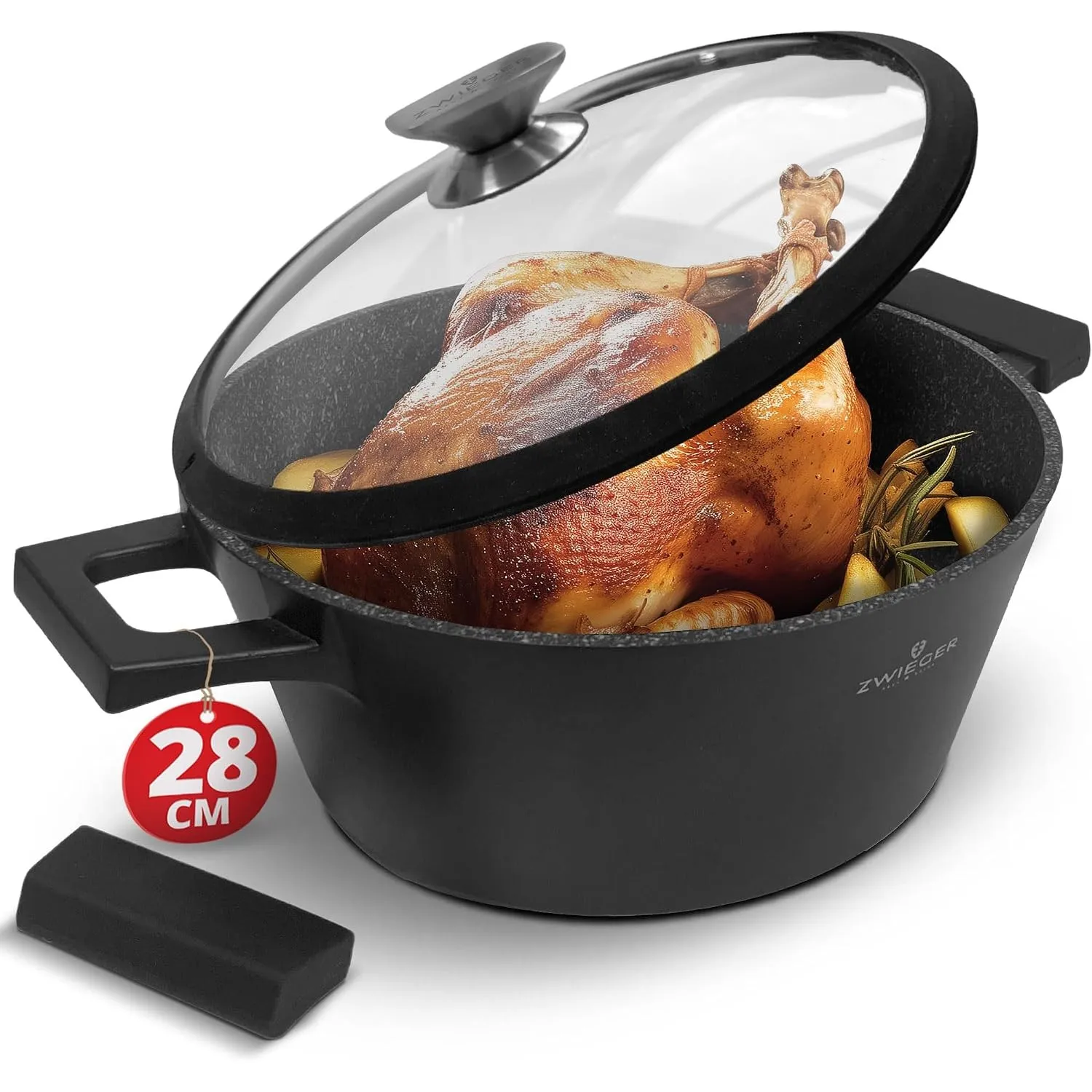ZWIEGER 3-in-1 Schmortopf mit Deckel, Topf backofengeeignet 28 cm, Antihaft
