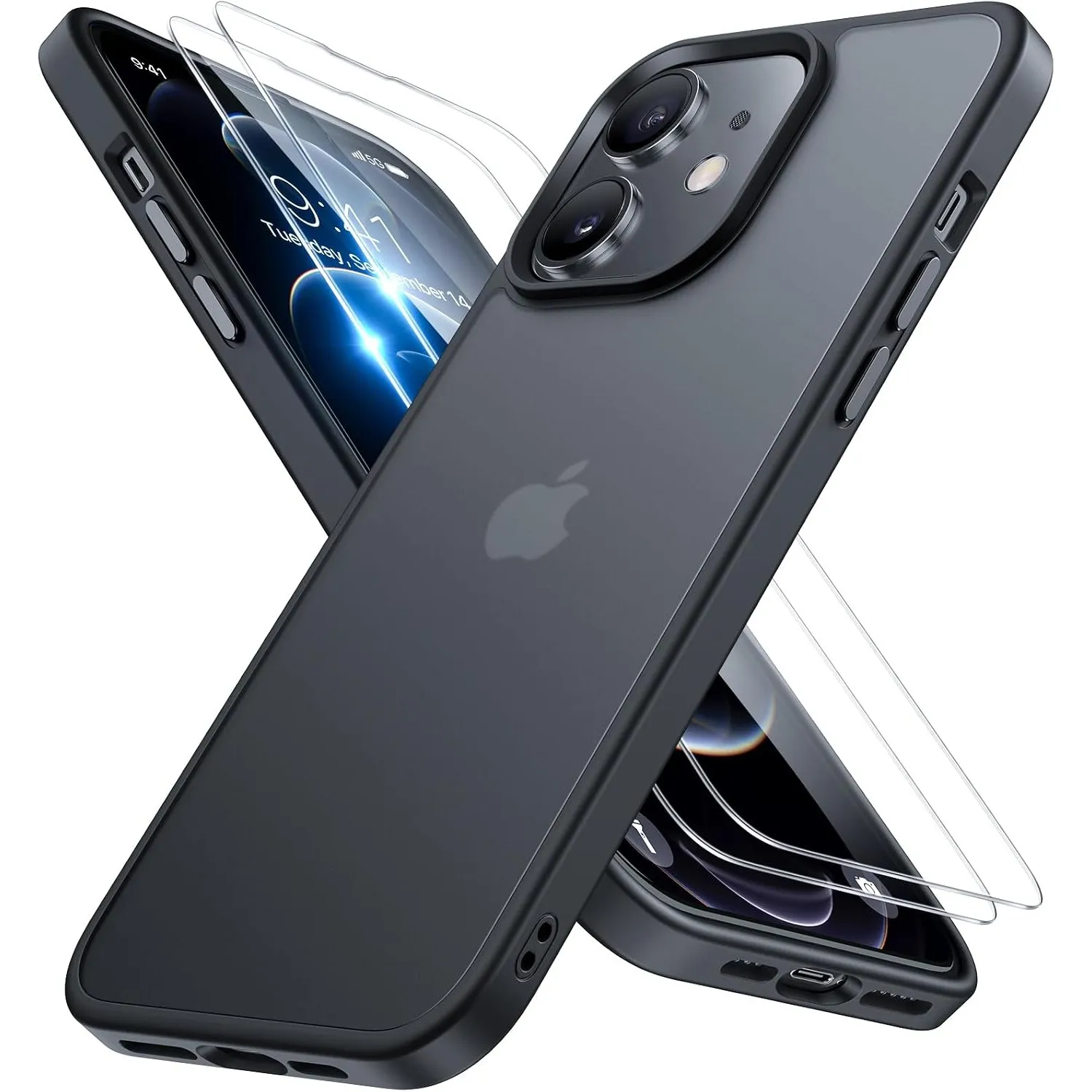 Miracase für iPhone 12/12 Pro Hülle mit 2 9H+ Panzerglas, Schwarz-w | [TOP Militärschutz ] Stoßfest Kratzfest mit Samti…