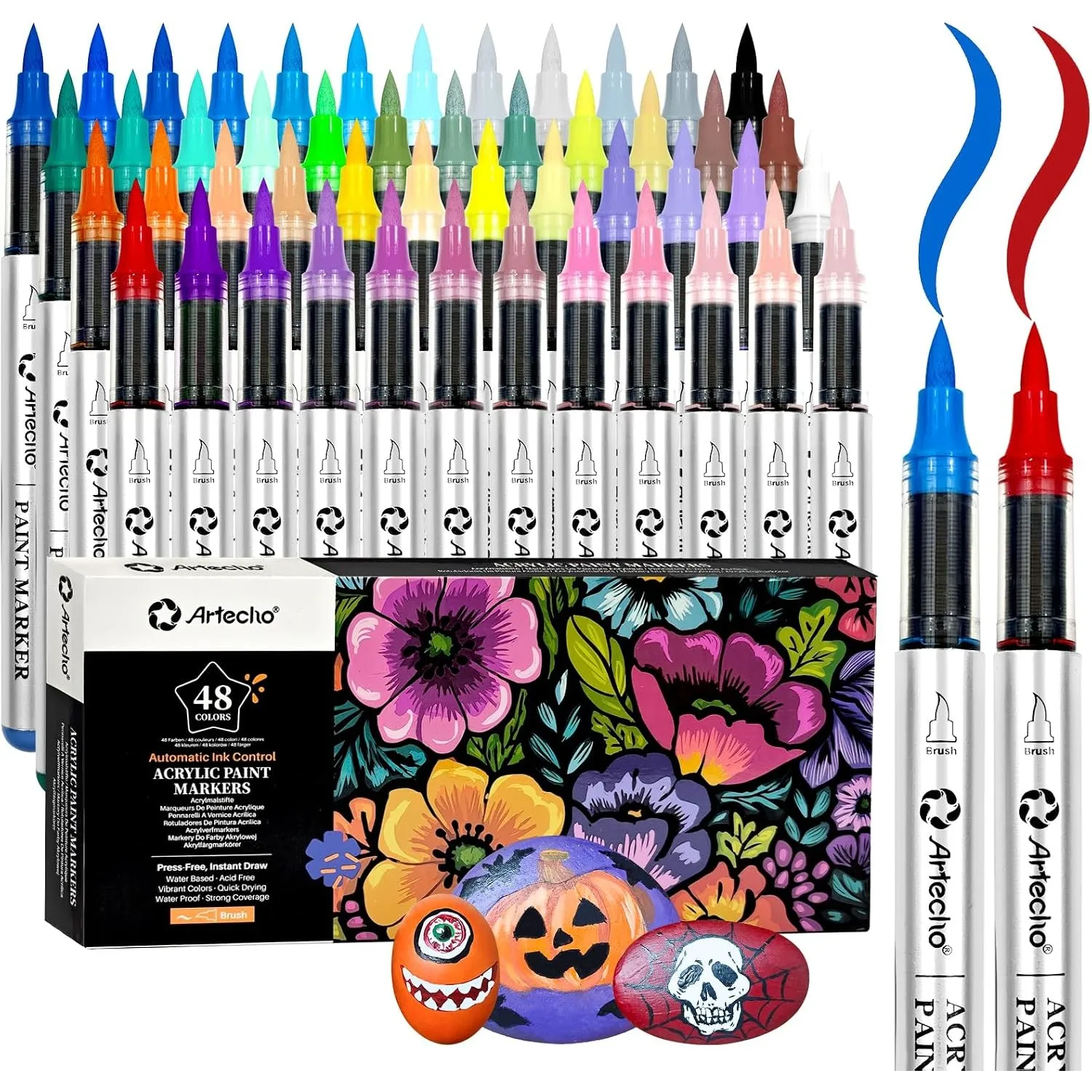 Artecho Acrylstifte mit Automatischer Tintenkontrolle 48 Farben Pinselspitze, für Steine, Felsmalerei, Papier, Kürbis, …